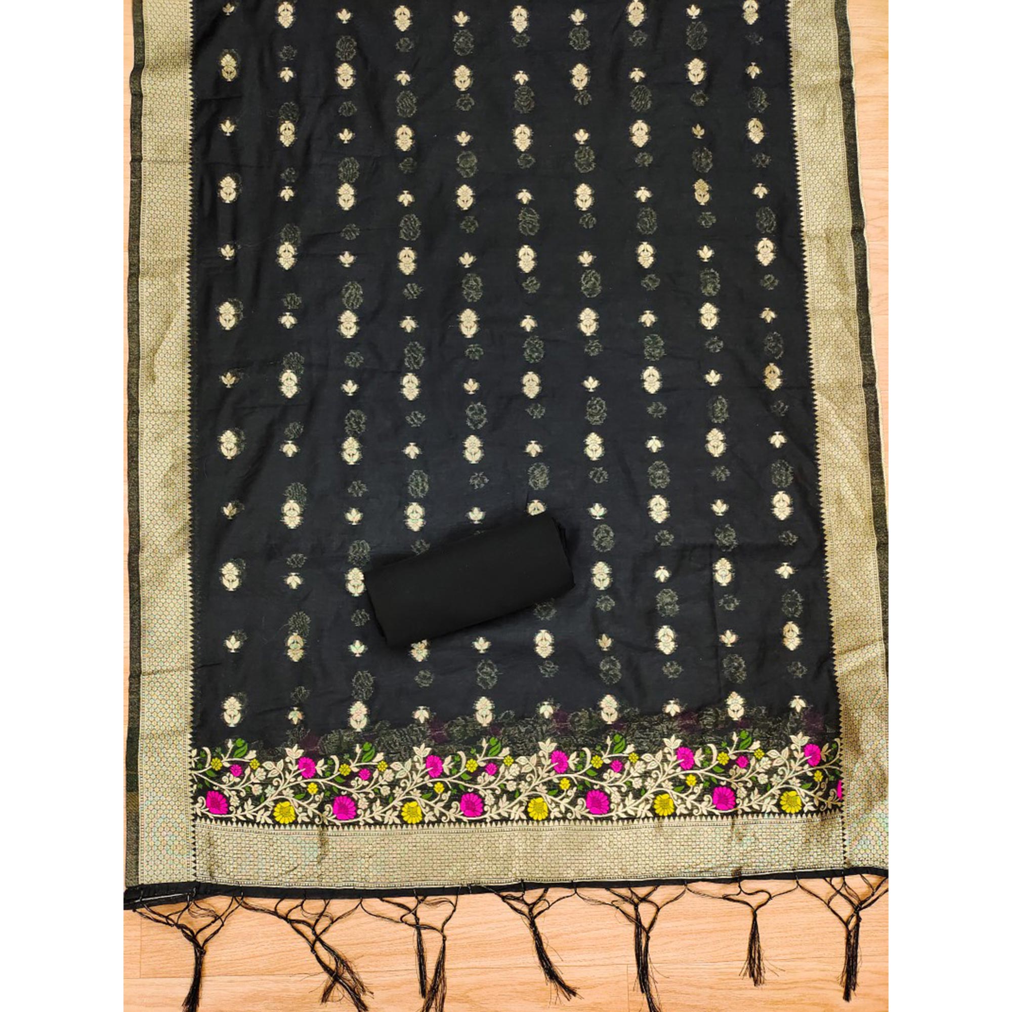 Black Floral Woven Chanderi Dress Material