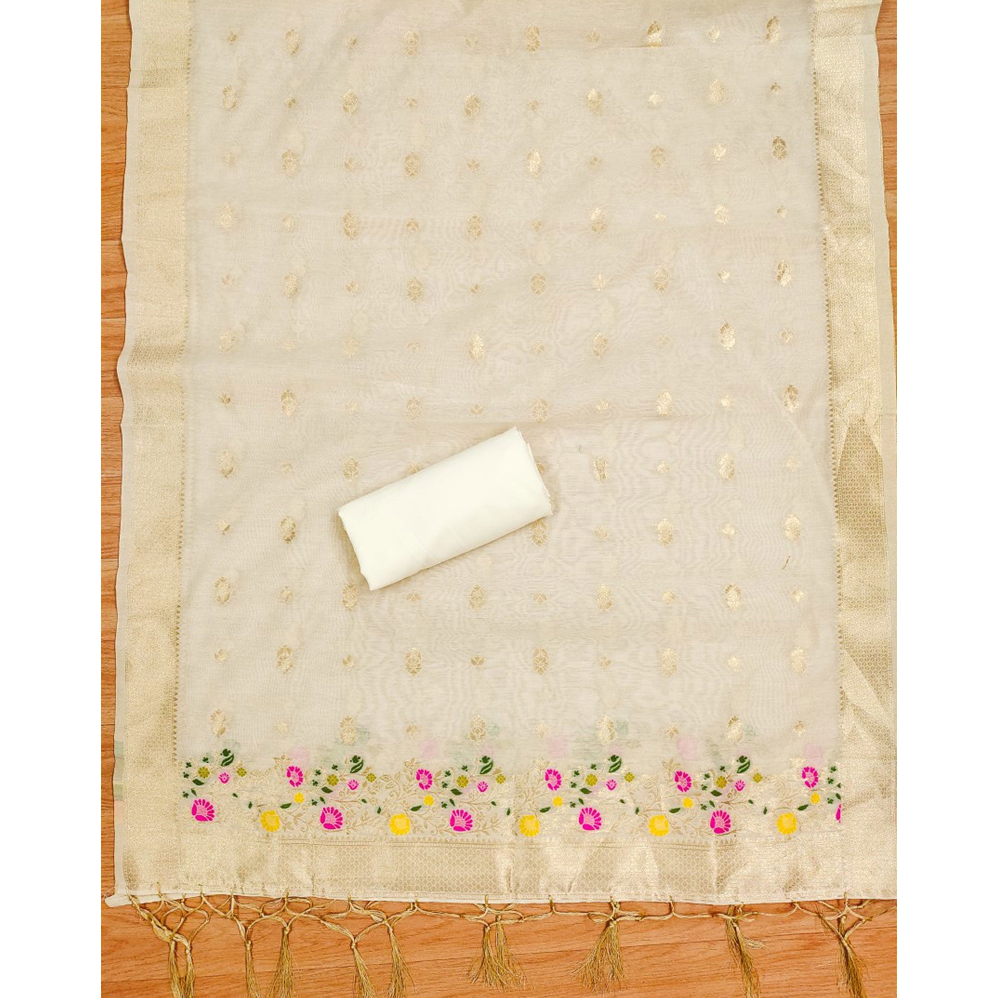 Off White Floral Woven Chanderi Dress Material
