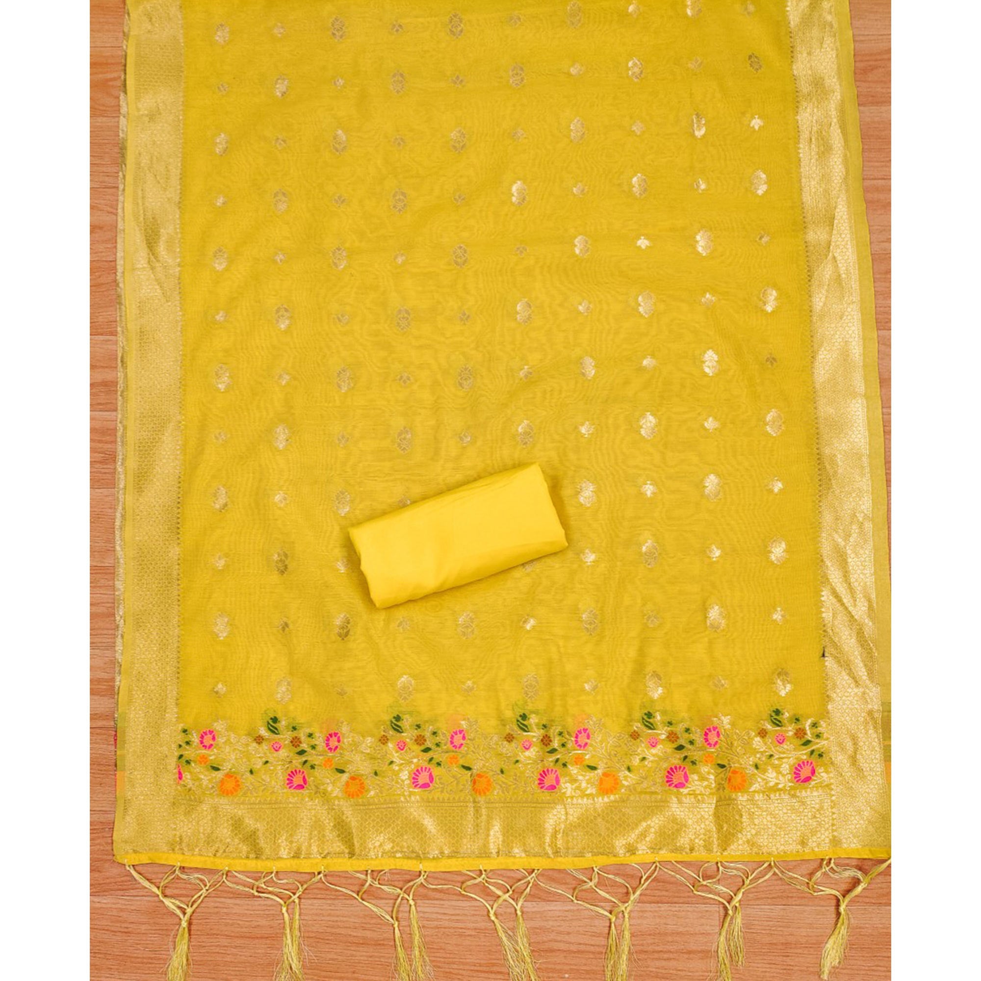 Yellow Floral Woven Chanderi Dress Material