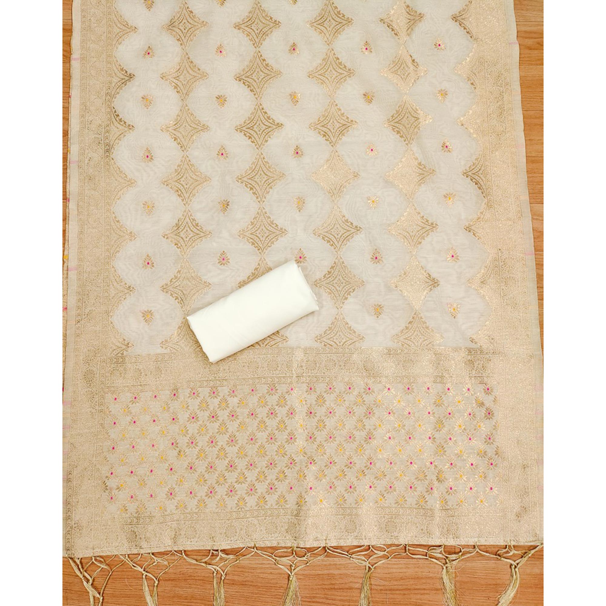 Off White Woven Chanderi Dress Material