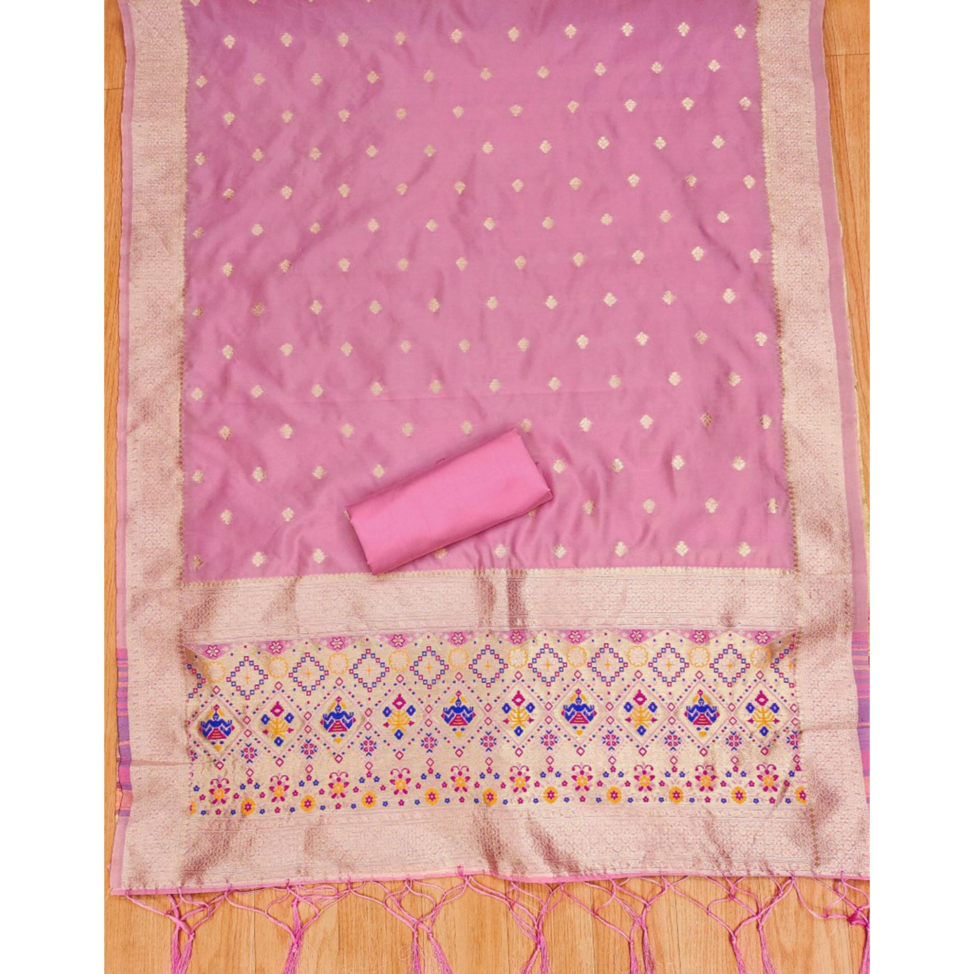 Baby Pink Floral Zari Woven Banarasi Silk Dress Material