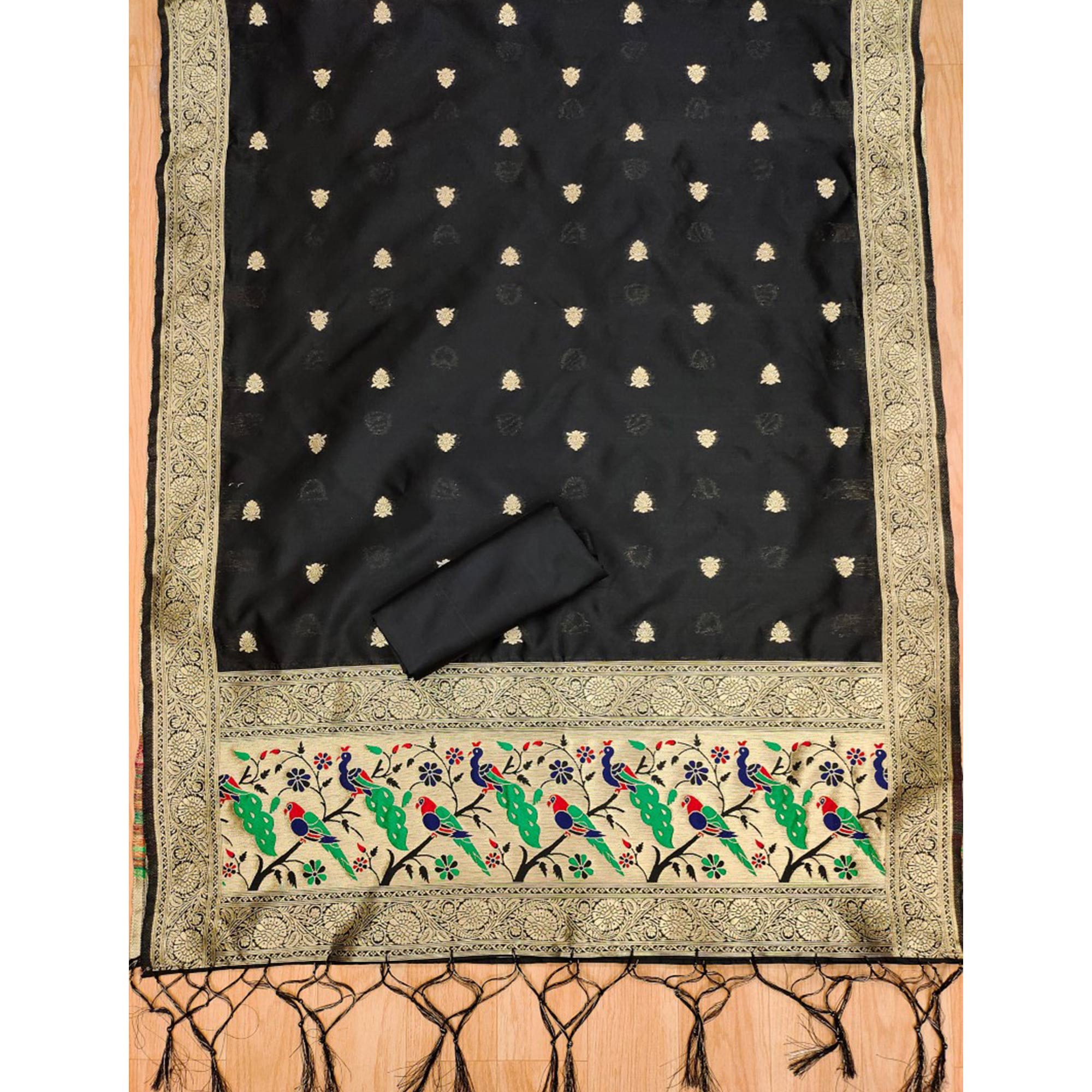 Black Floral Zari Woven Banarasi Silk Dress Material