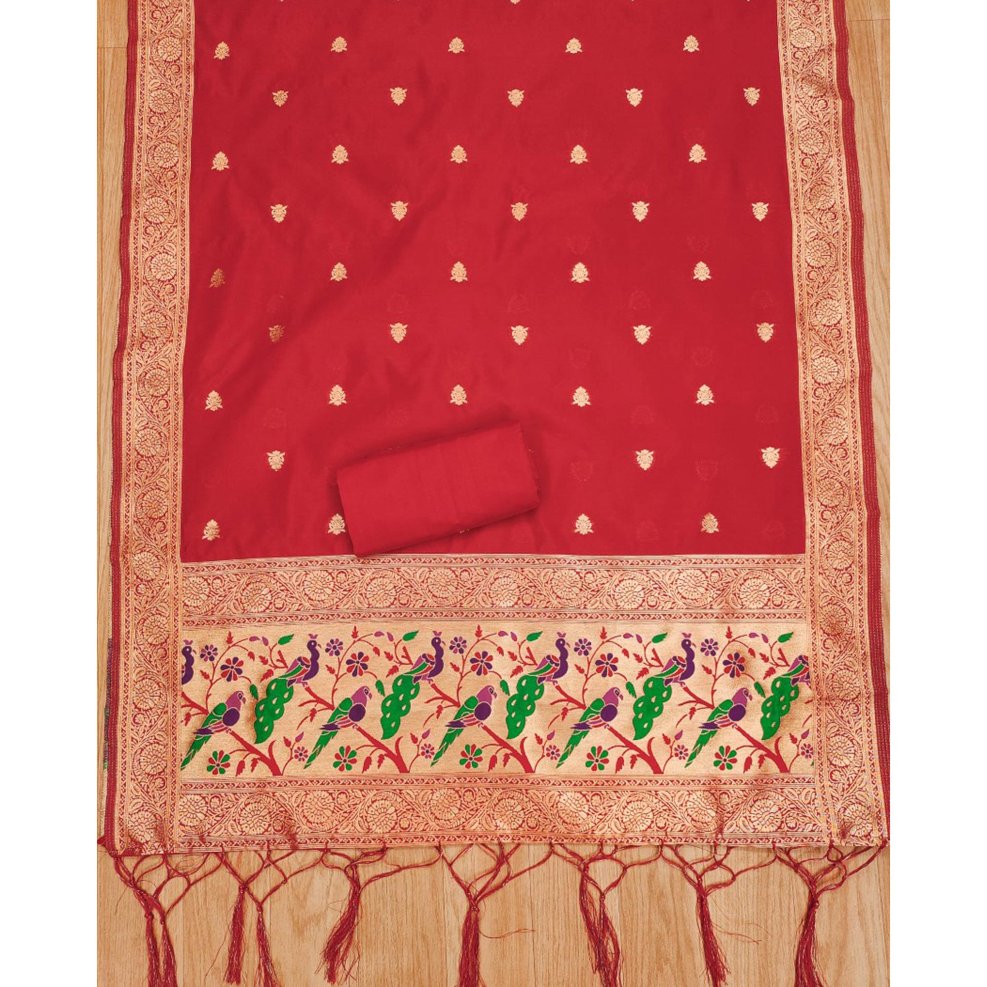 Red Floral Zari Woven Banarasi Silk Dress Material