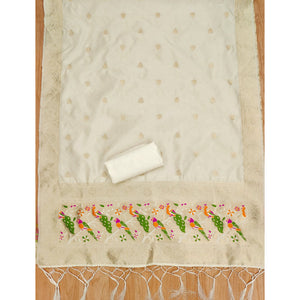 White Floral Zari Woven Banarasi Silk Dress Material