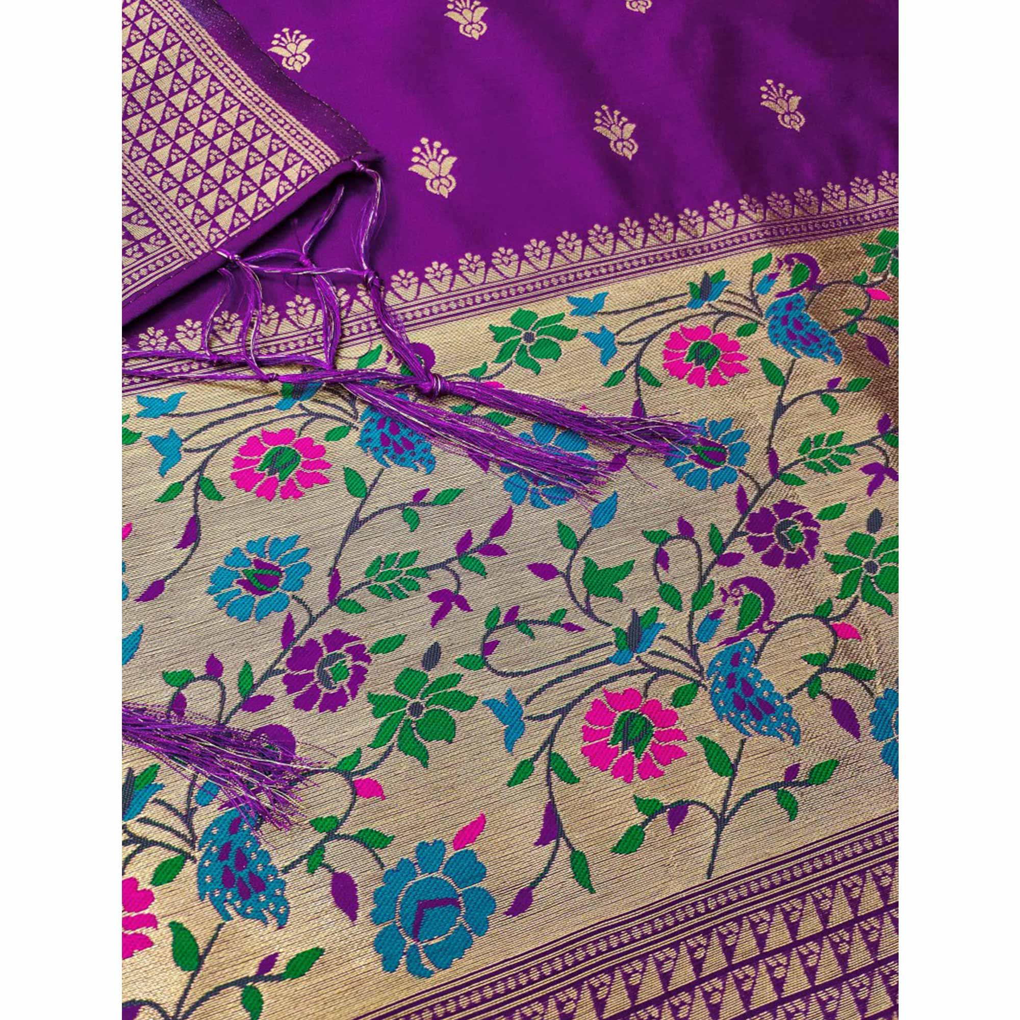 Purple Floral Zari Woven Banarasi Silk Dress Material