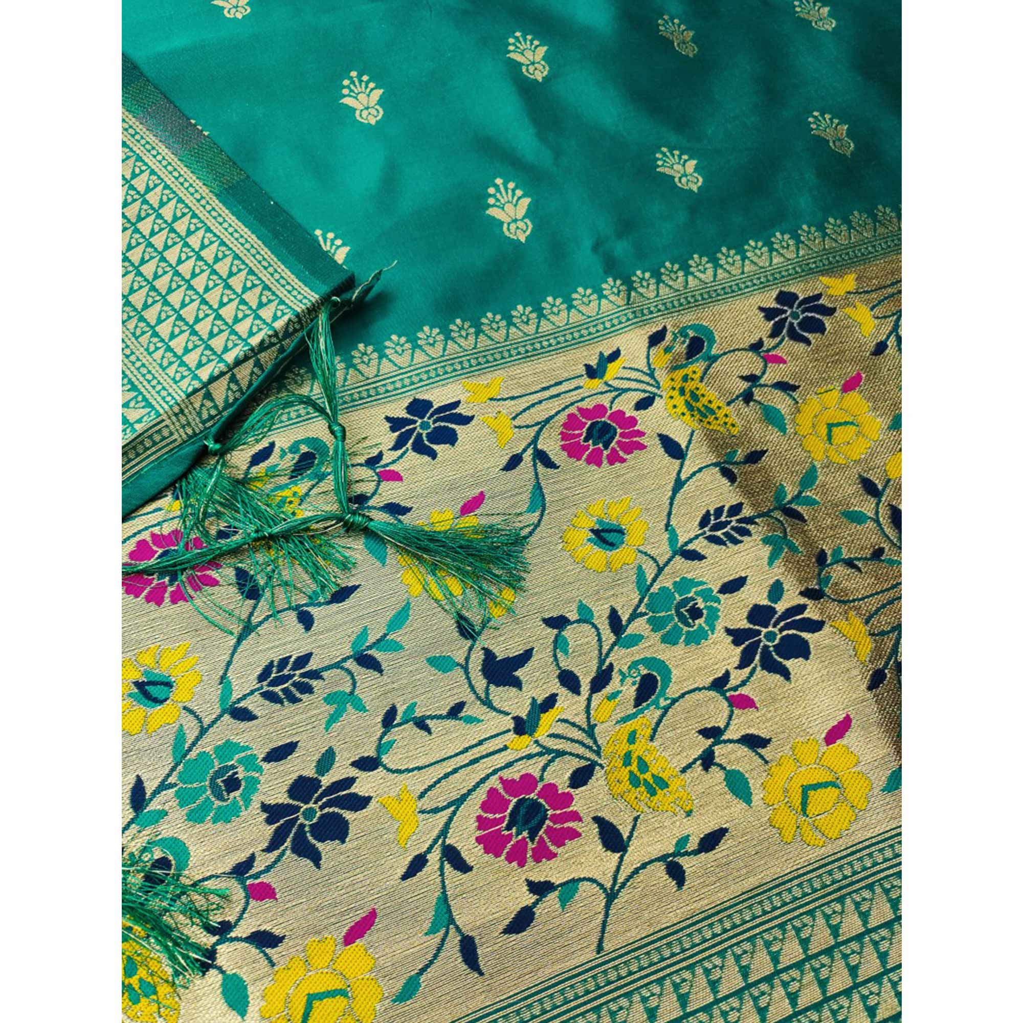 Rama Green Floral Zari Woven Banarasi Silk Dress Material