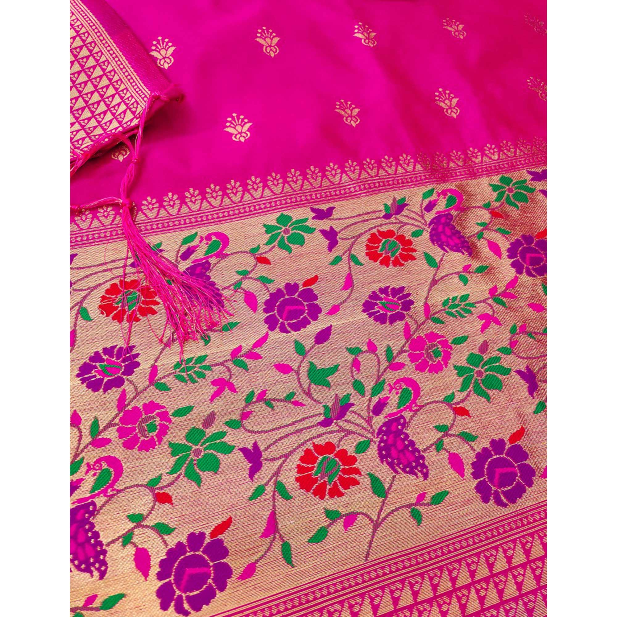 Rani Pink Floral Zari Woven Banarasi Silk Dress Material