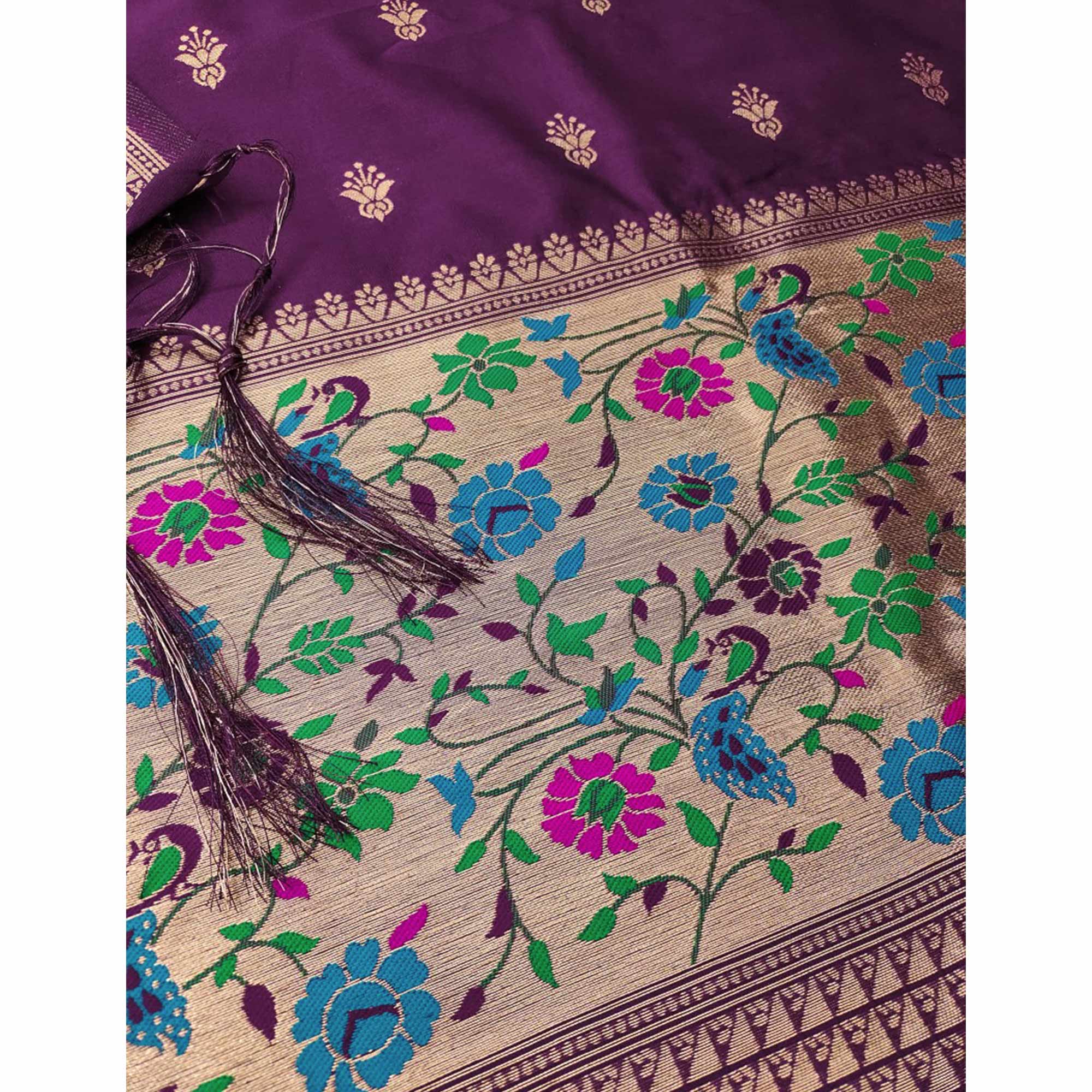 Wine Floral Zari Woven Banarasi Silk Dress Material