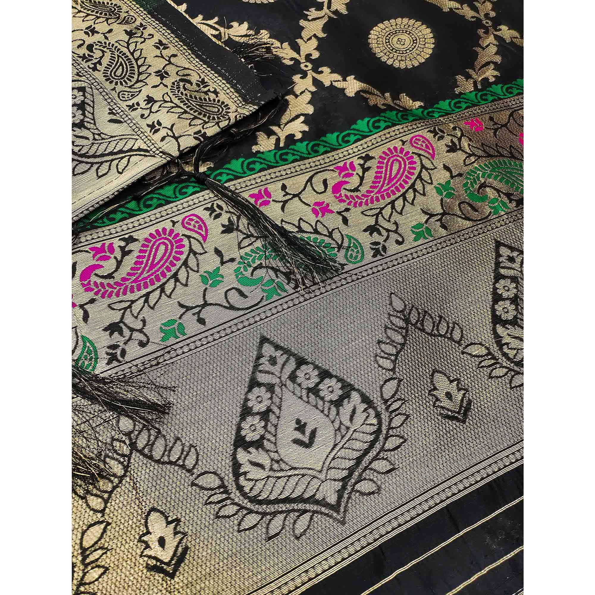 Black Zari Woven Banarasi Silk Dress Material With Elegant Floral Motifs