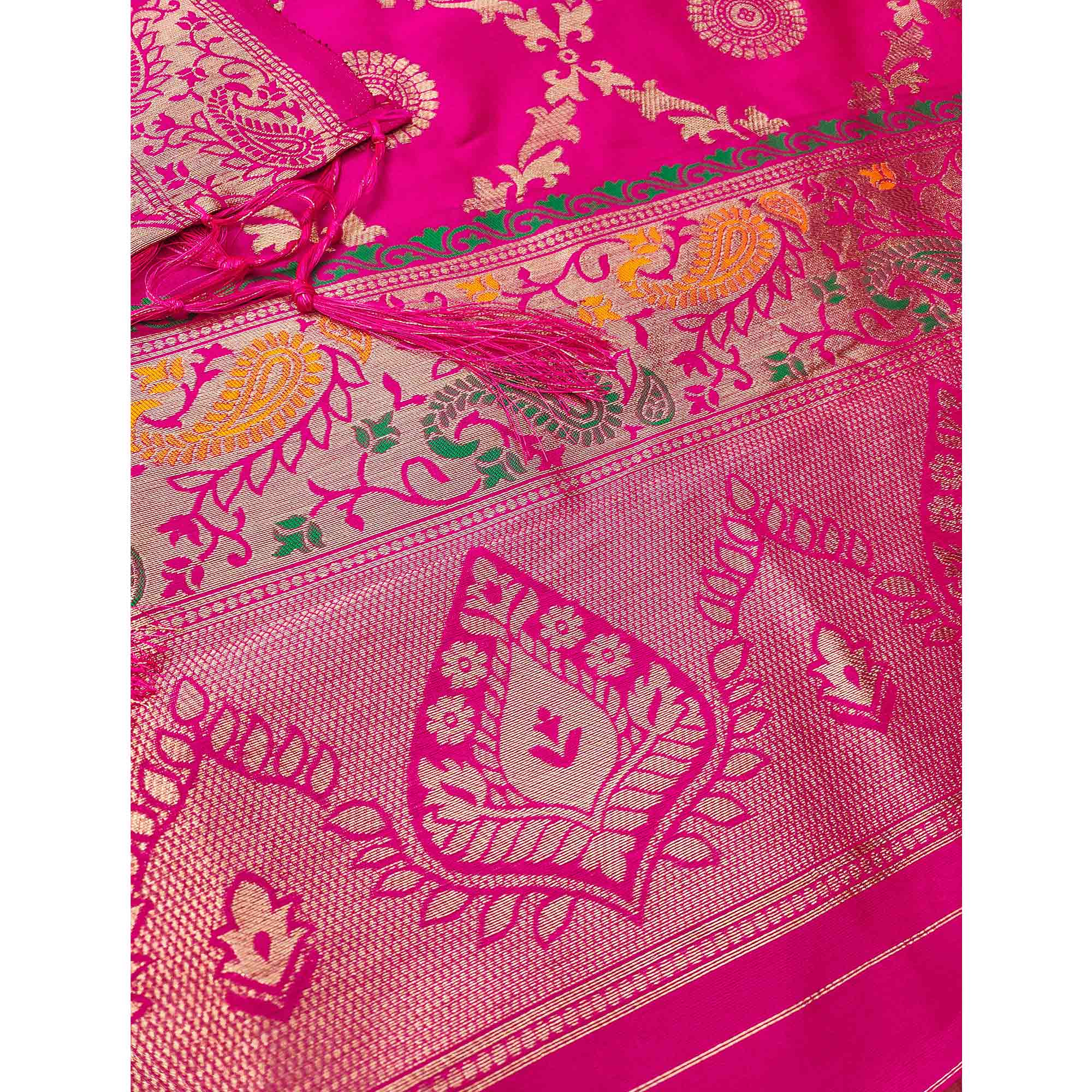 Pink Zari Woven Banarasi Silk Dress Material With Elegant Floral Motifs