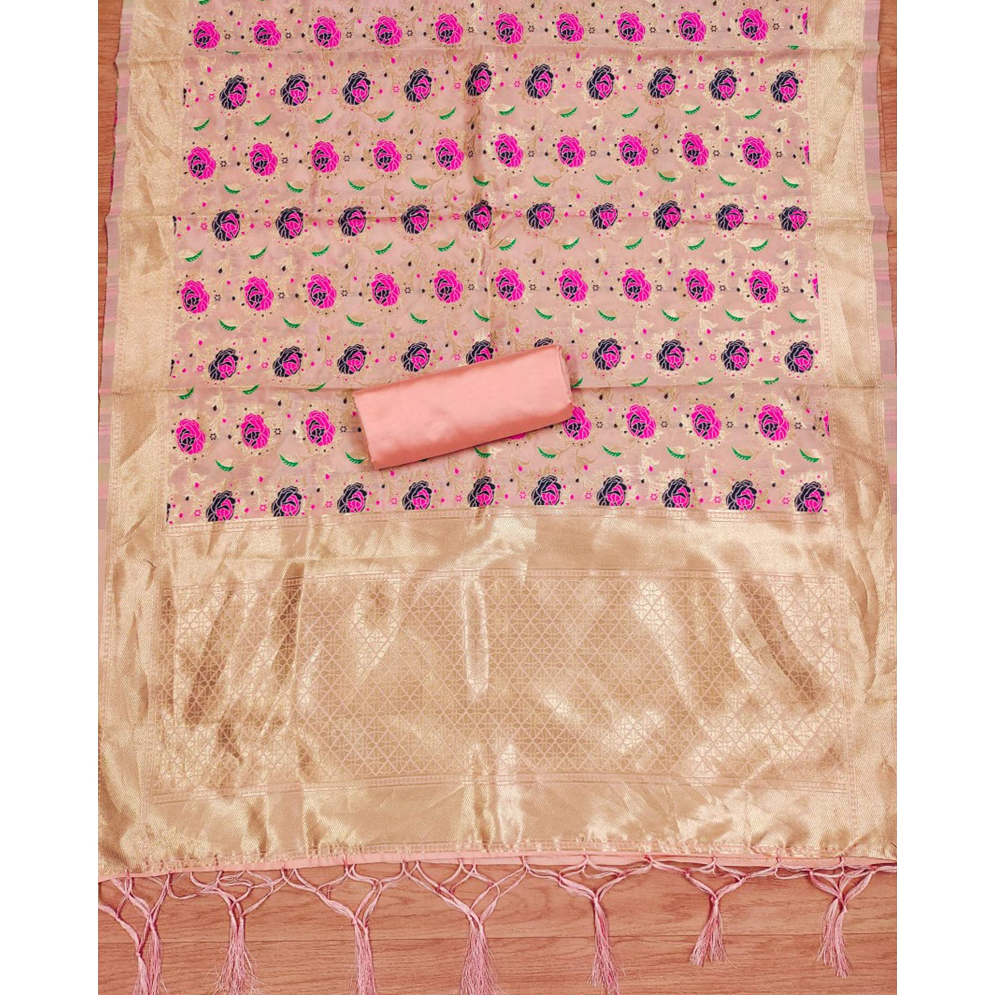 Peach Floral Woven Banarasi Silk Dress Material