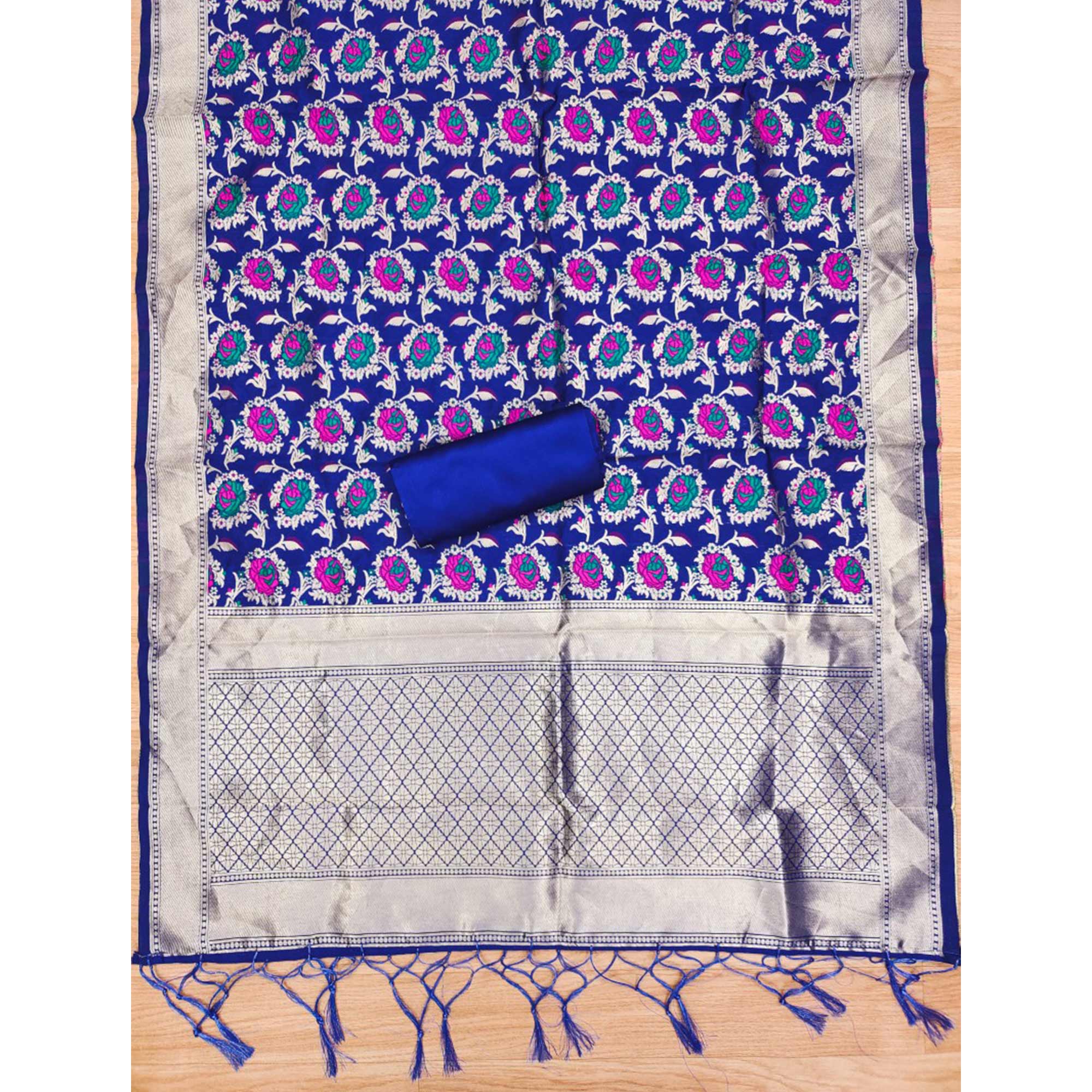 Royal Blue Floral Woven Banarasi Silk Dress Material