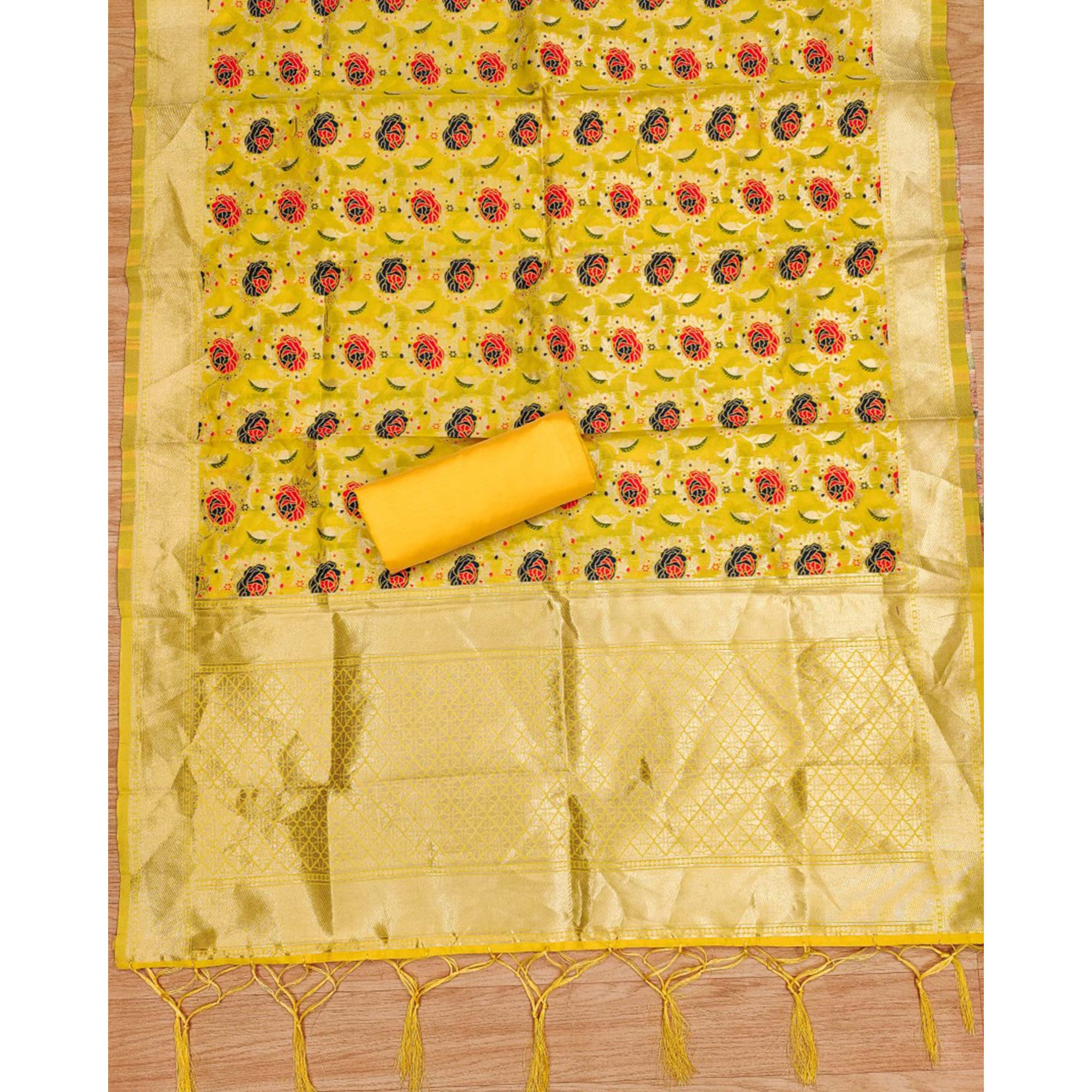Yellow Floral Woven Banarasi Silk Dress Material