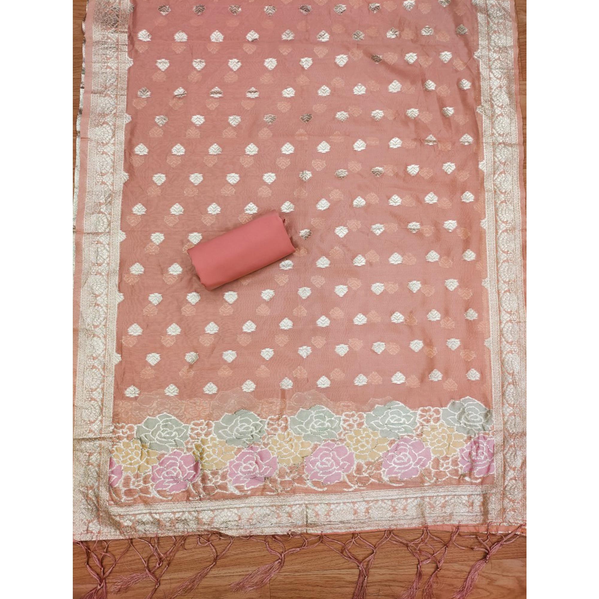 Peach Floral Woven Organza Dress Material