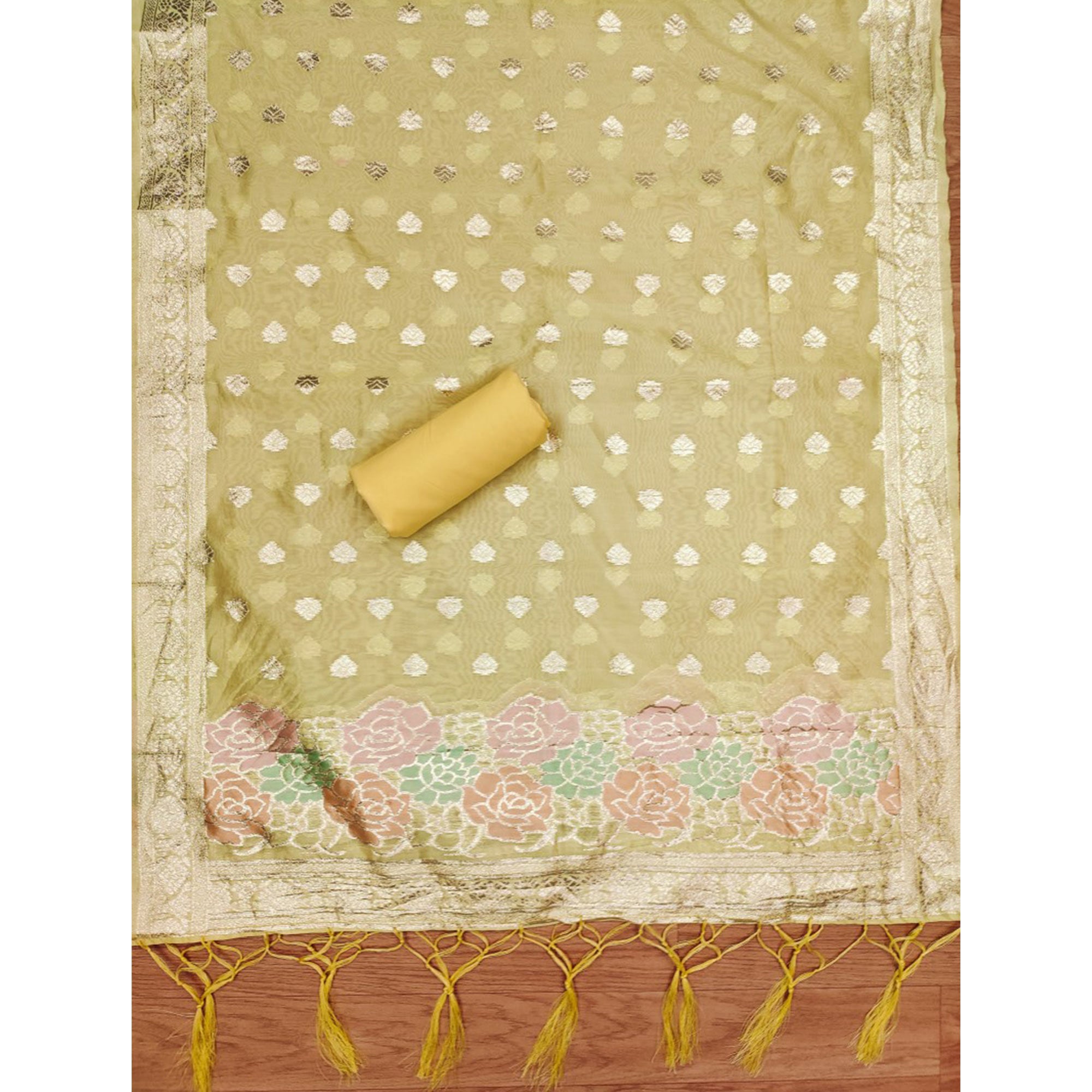 Yellow Floral Woven Organza Dress Material