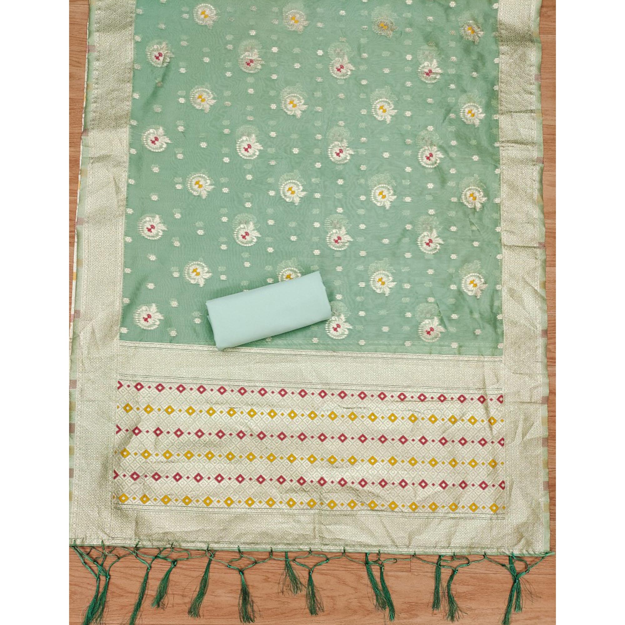 Green Floral Woven Organza Dress Material