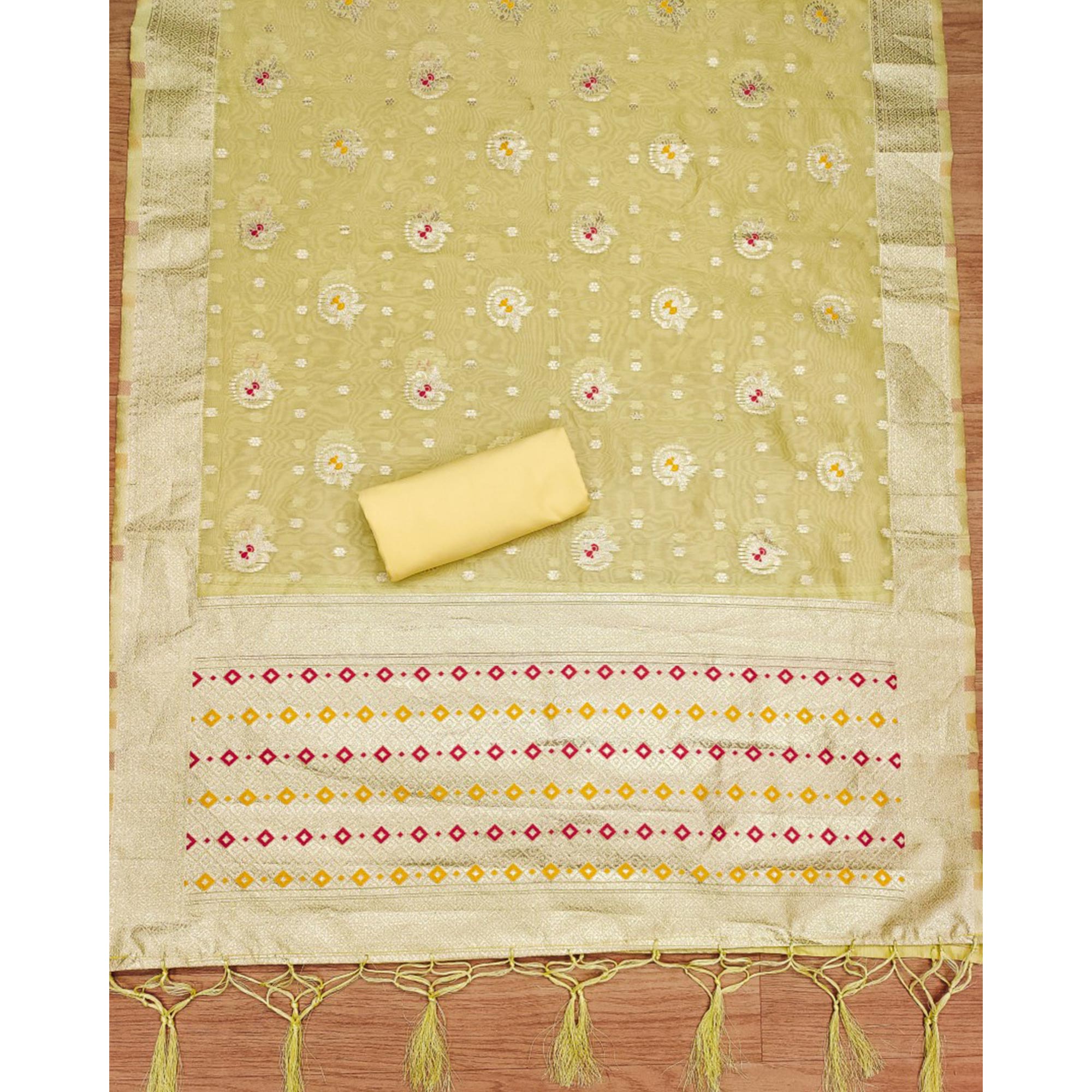 Yellow Floral Woven Organza Dress Material