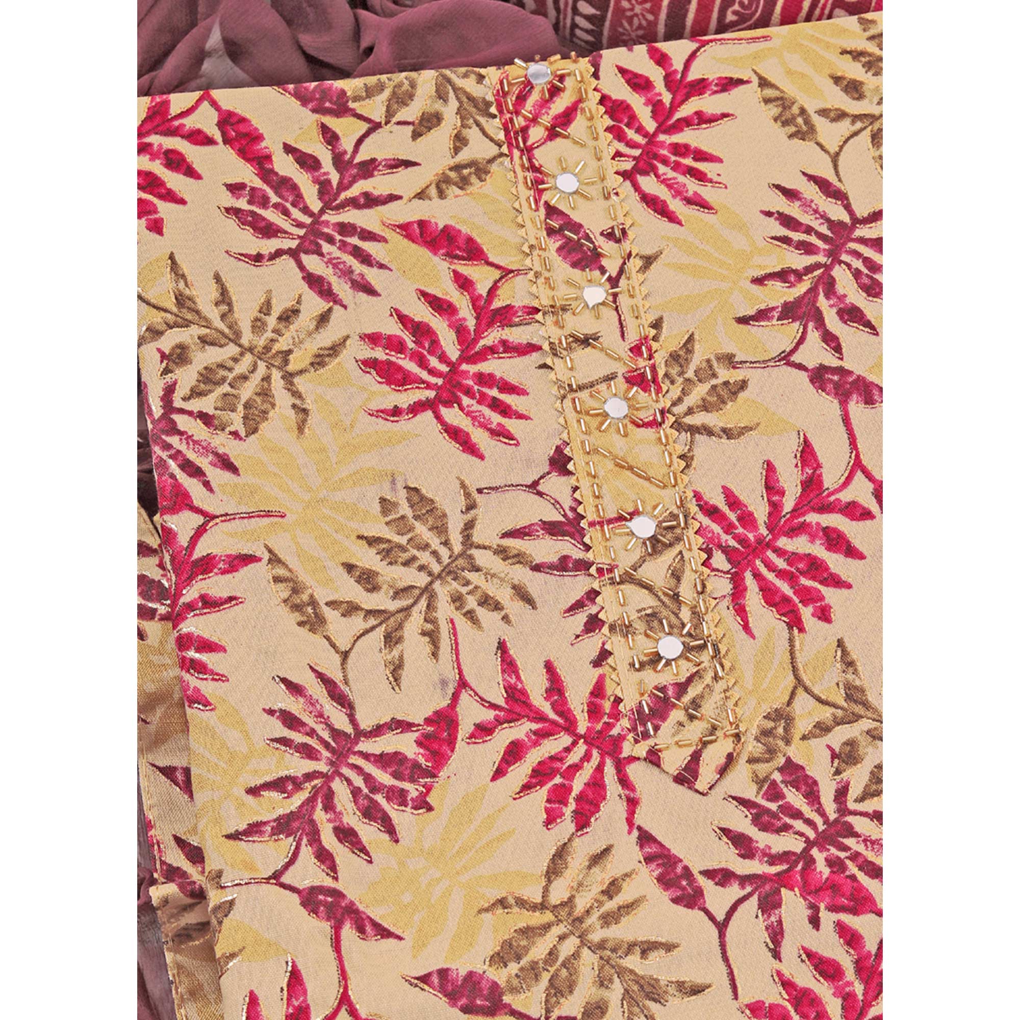 Chikoo & Wine Foil Printed With Handwork Pure Pure Cotton Dress Material