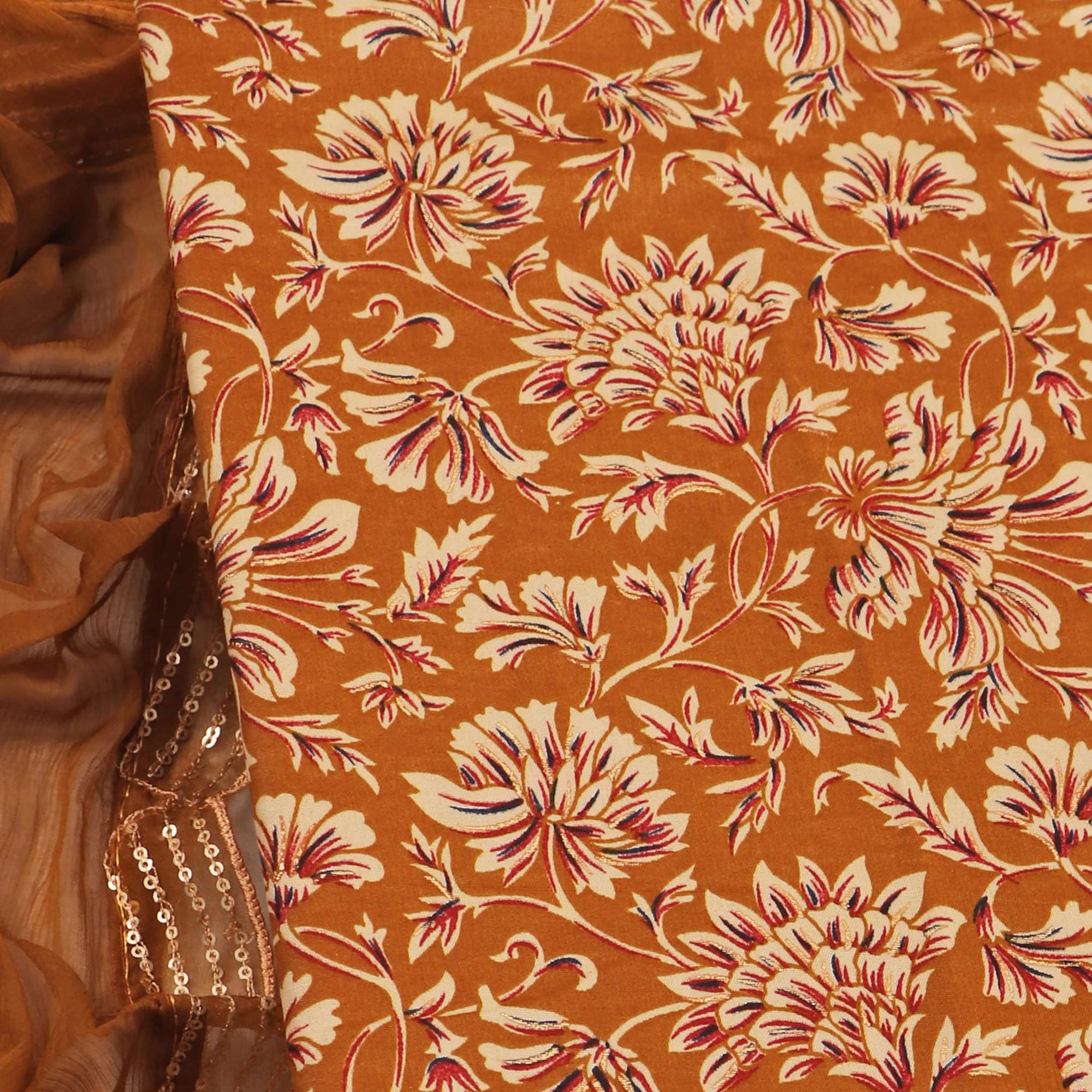 Mustard Floral Foil Printed Cotton Blend Dress Material