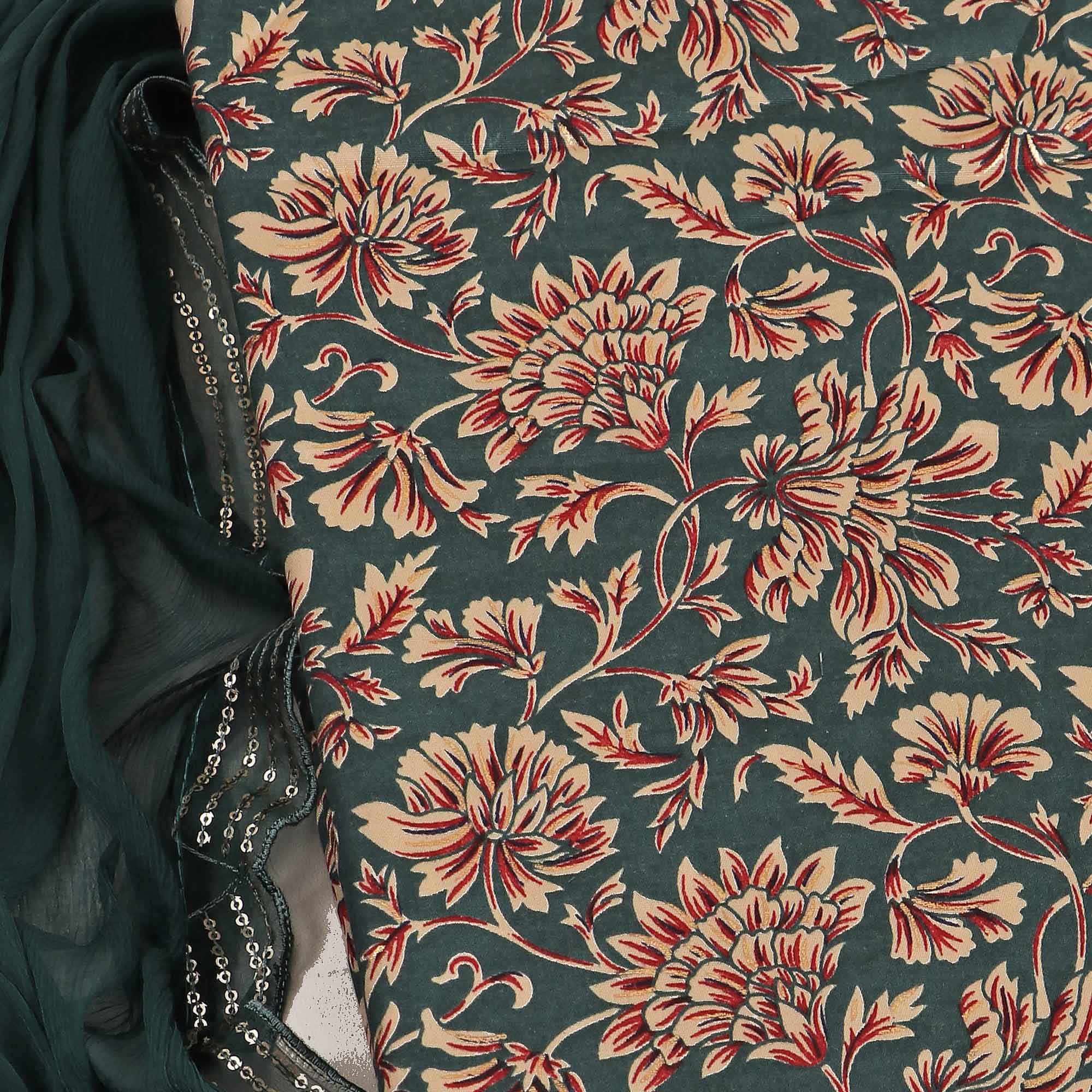 Teal Floral Foil Printed Cotton Blend Dress Material