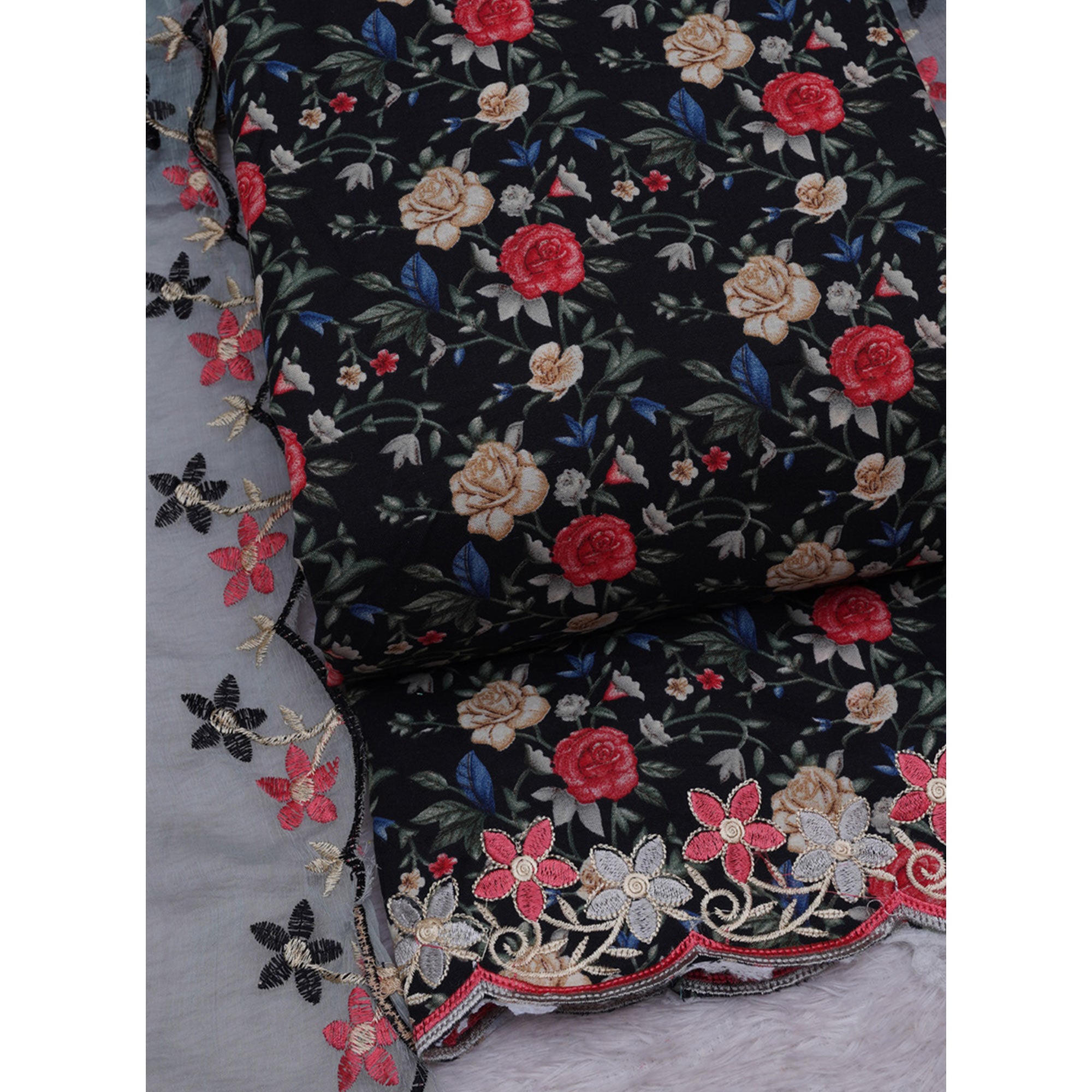 Black Floral Printed With Embroidery Cotton Silk Dress Material