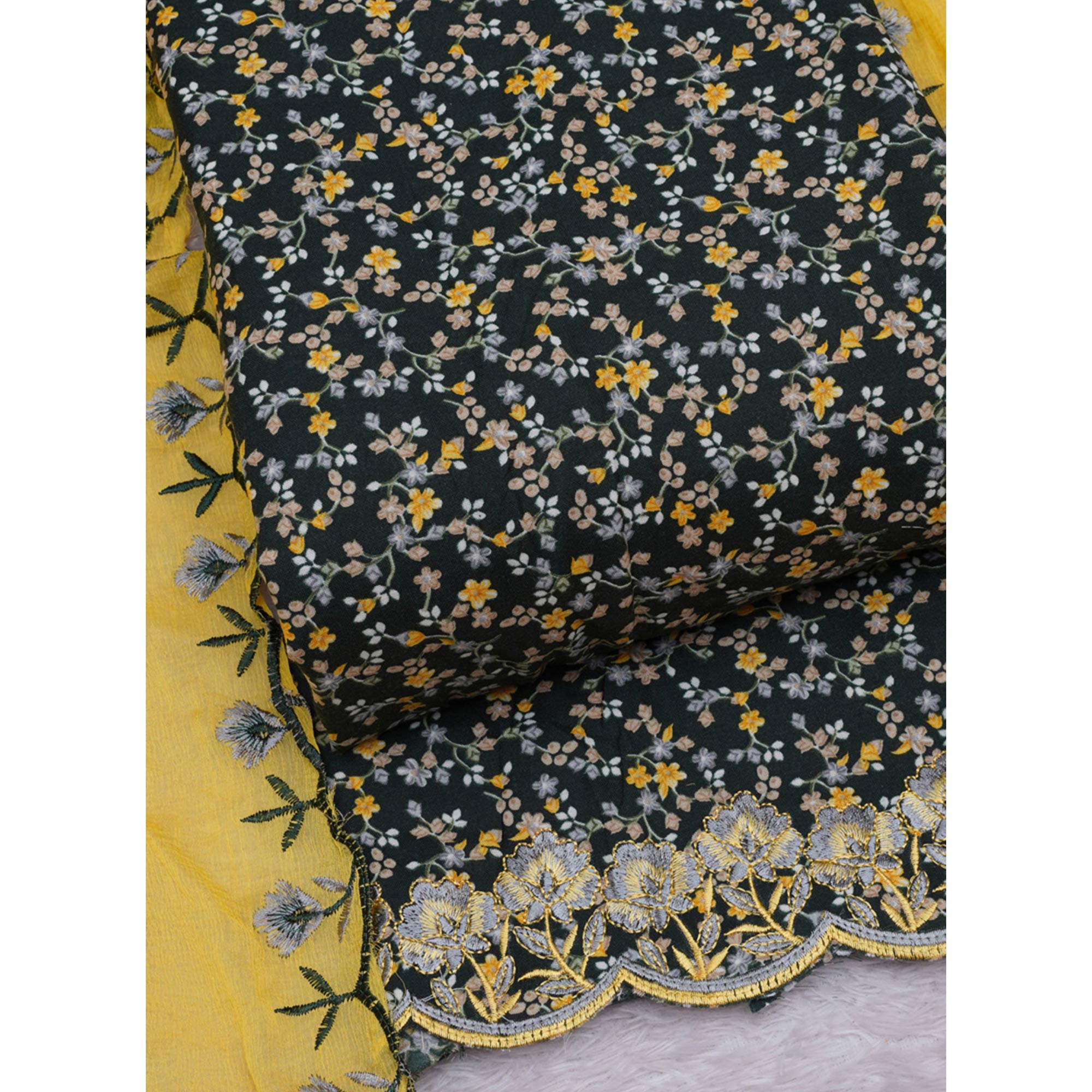 Bottle Green Floral Printed With Embroidery Cotton Silk Dress Material