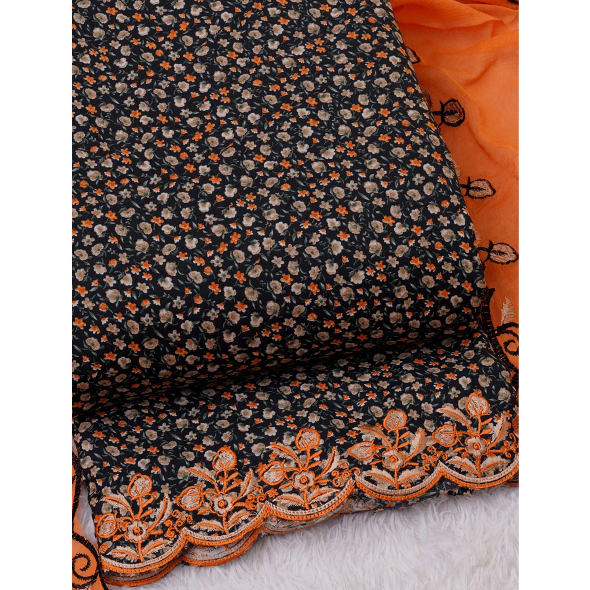 Black Floral Printed With Embroidery Cotton Silk Dress Material