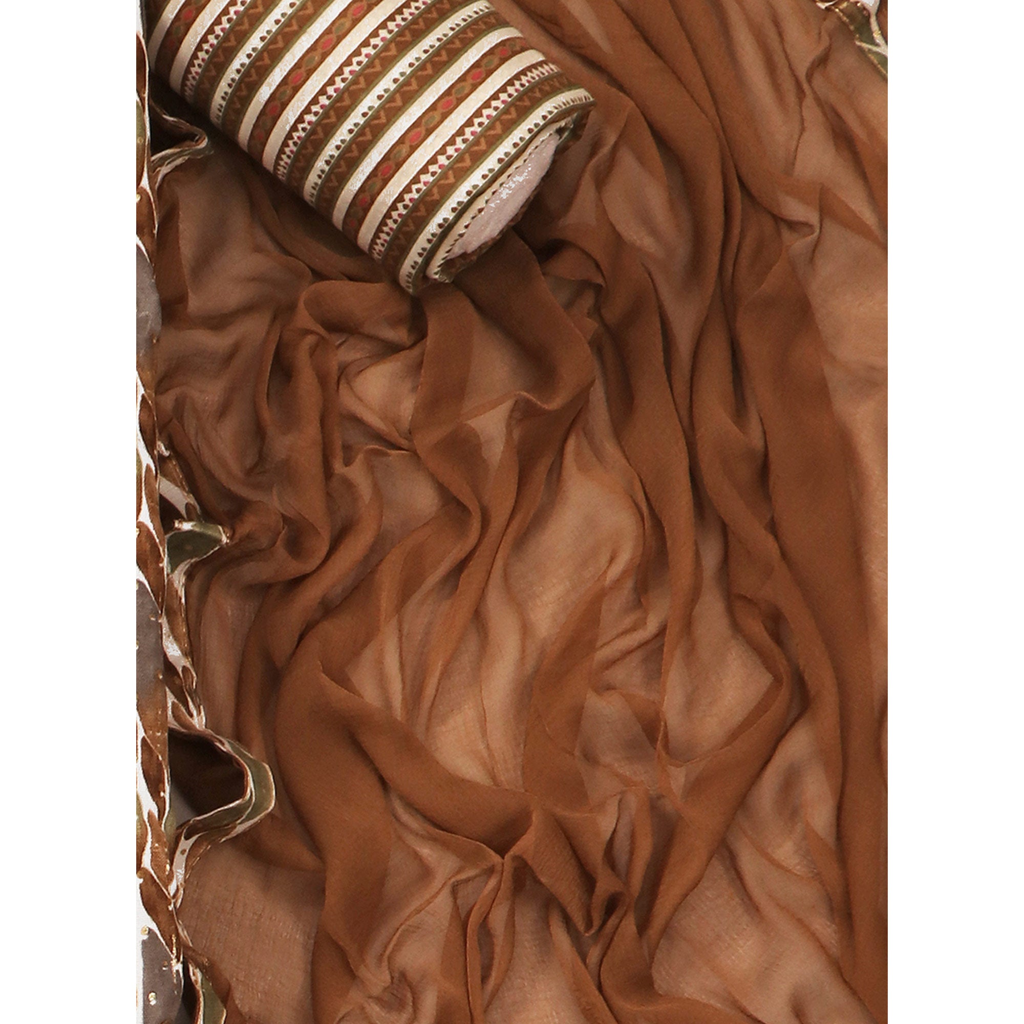 Brown Foil Printed With Embroidery Pure Cotton Dress Material