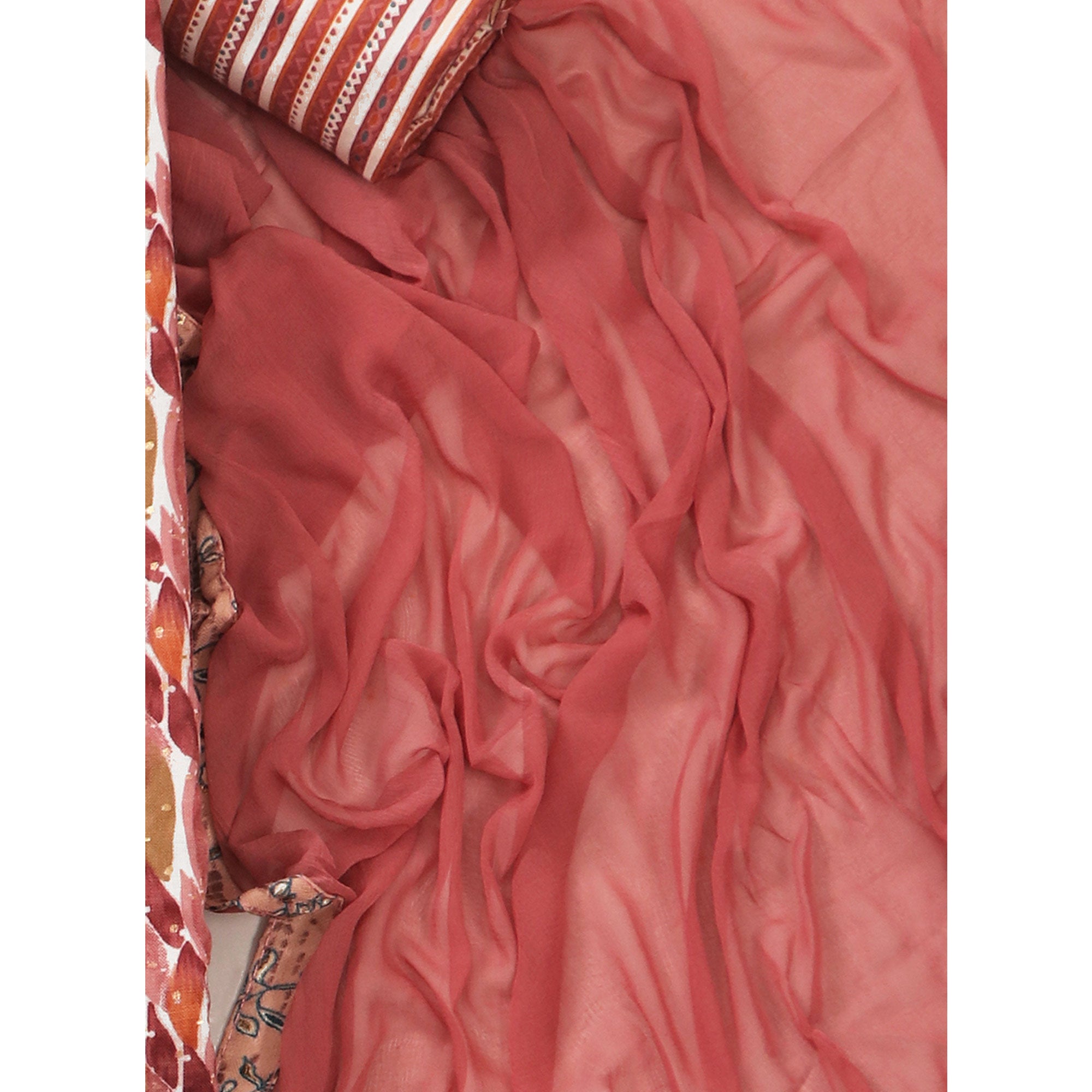 Peach Foil Printed With Embroidery Pure Cotton Dress Material