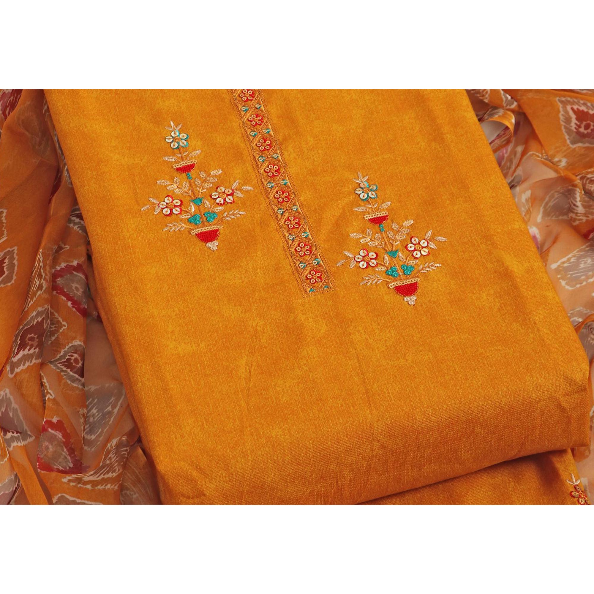 Mustard Floral Sequins Embroidered Pure Cotton Dress Material