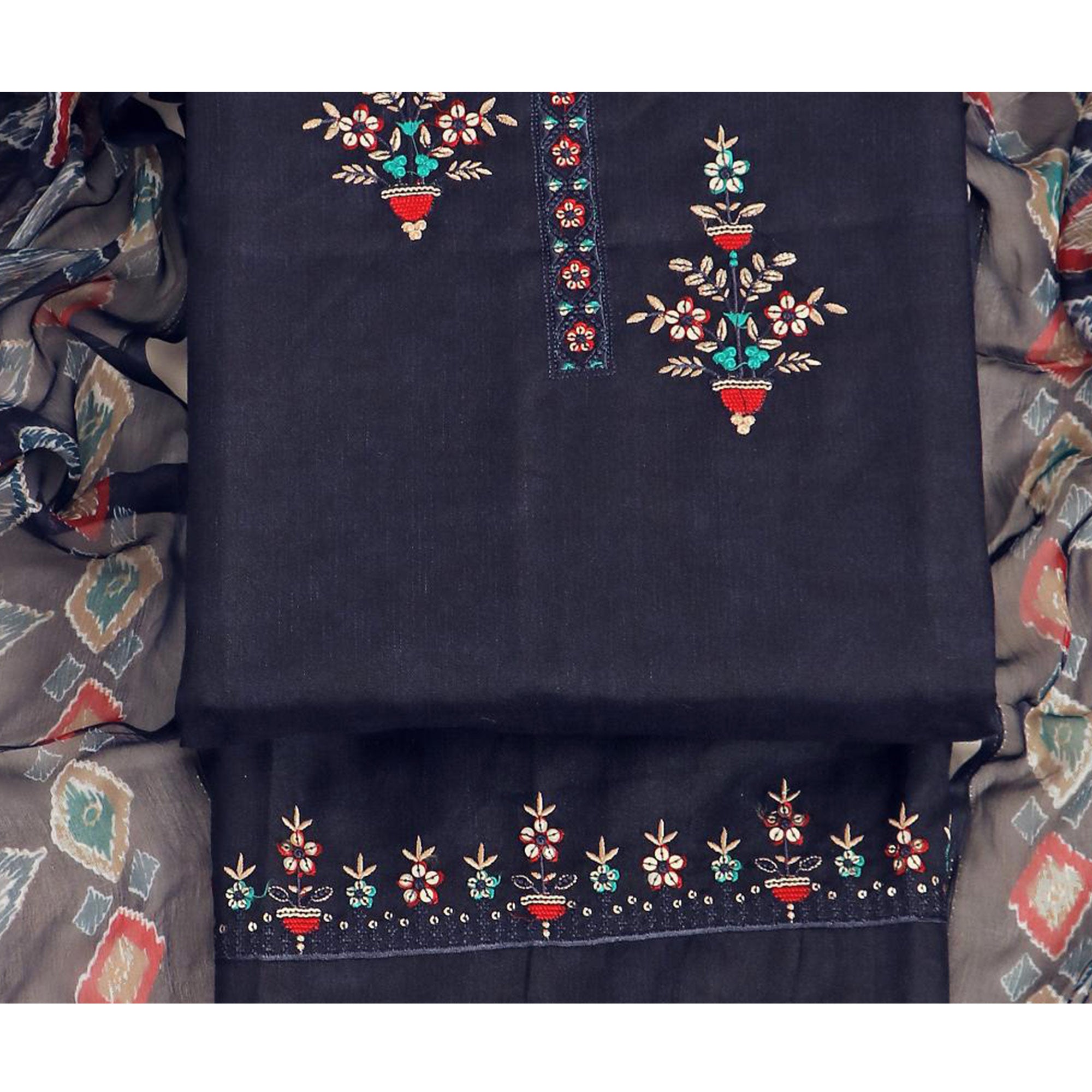 Navy Blue Floral Sequins Embroidered Pure Cotton Dress Material