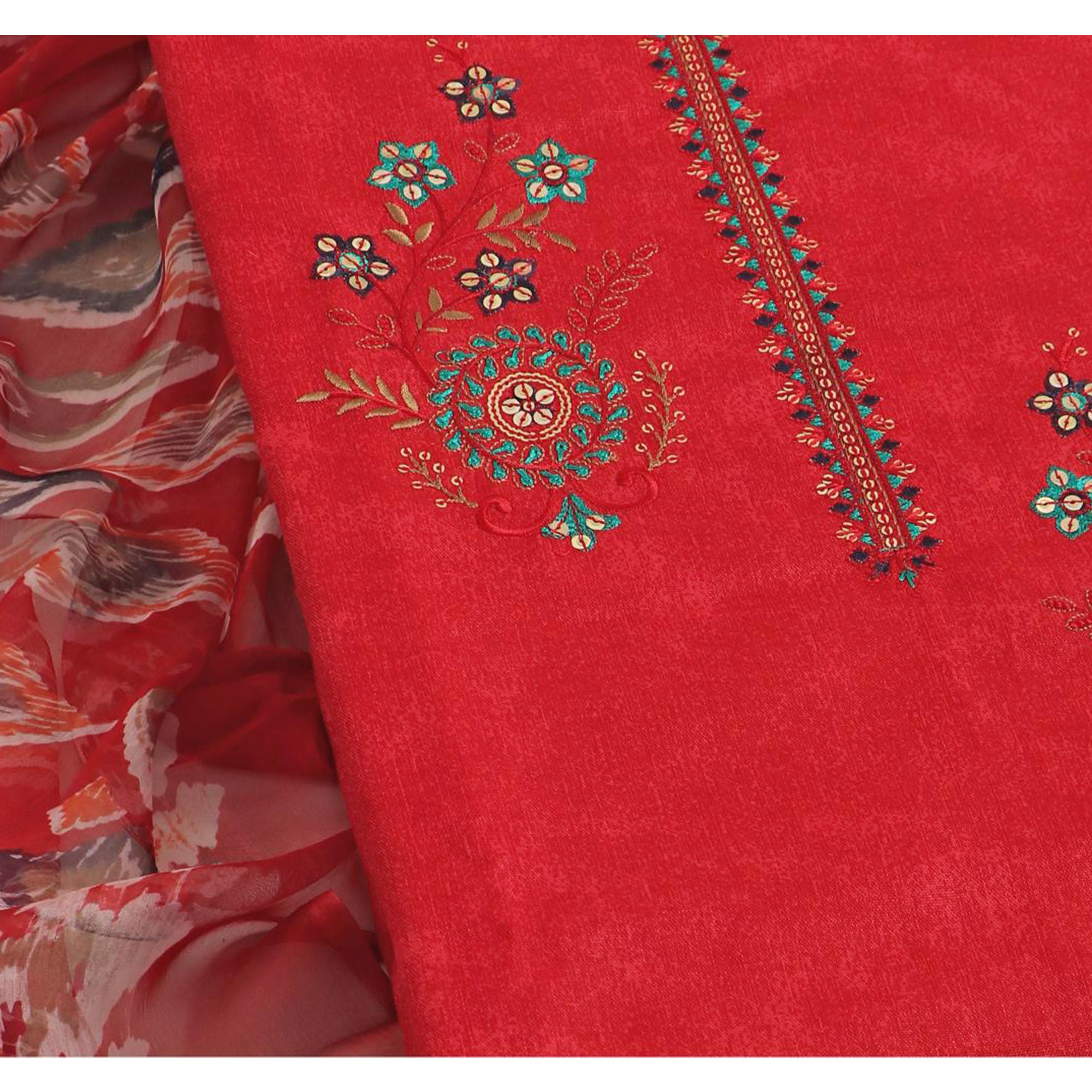Red Floral Sequins Embroidered Pure Cotton Dress Material