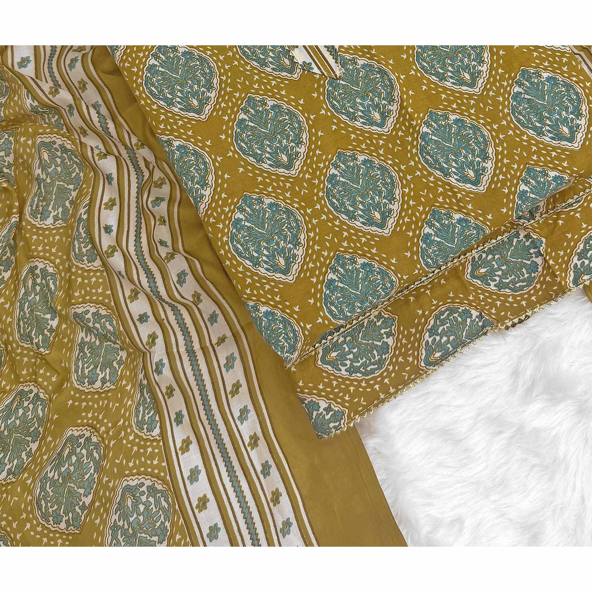 Mustard Lightweight Pure Cotton Dress Fabric Featuring Delicate Floral Prints