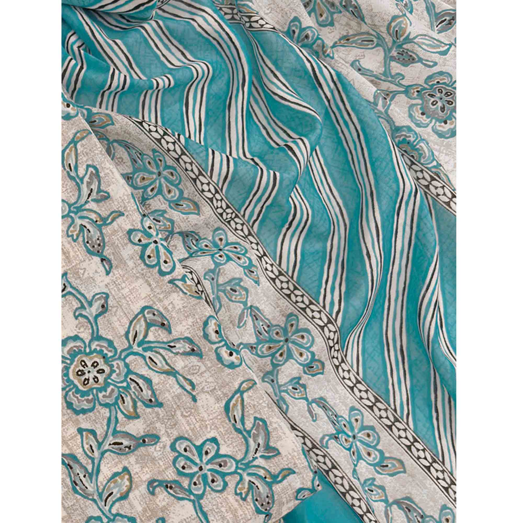 Charming Blue Floral Printed Cotton Blend Dress Material Featuring Intricate Lace Border