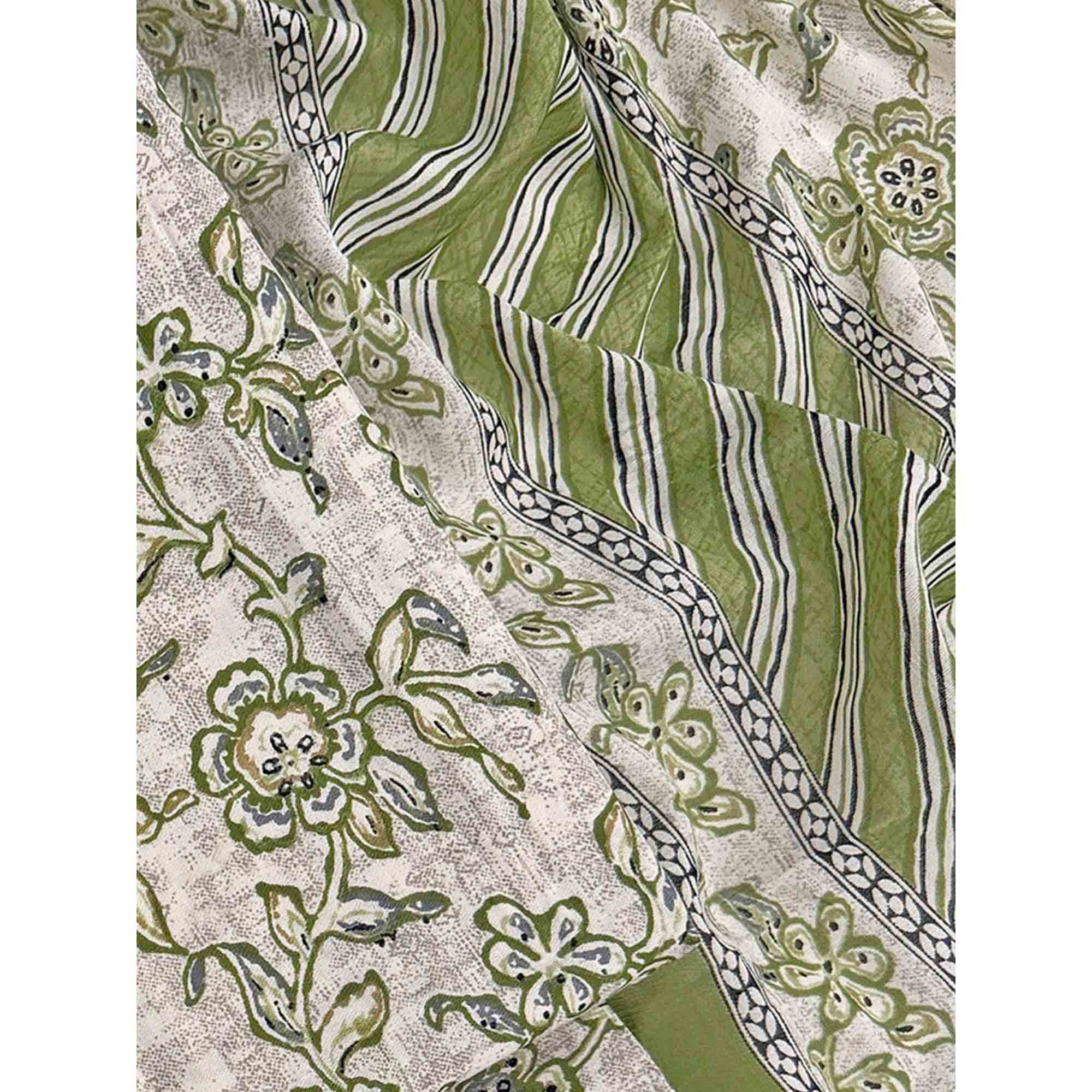 Charming Green Floral Printed Cotton Blend Dress Material Featuring Intricate Lace Border