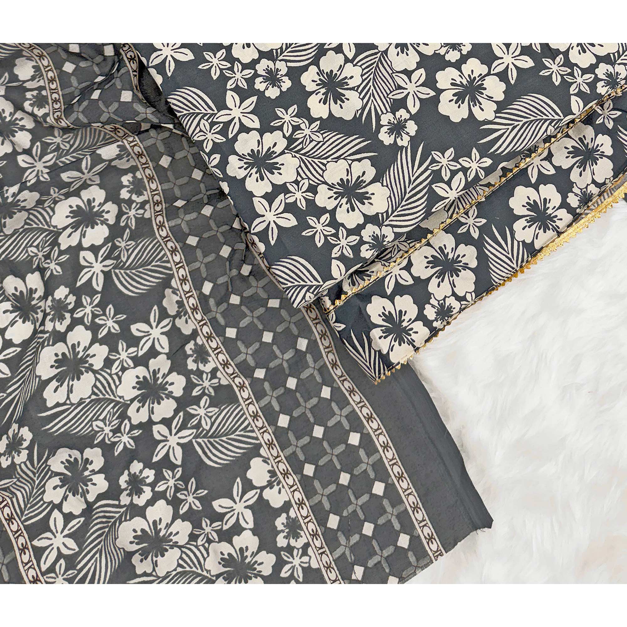 Graceful Grey Floral Printed Cotton Blend Dress Material With Lace Border