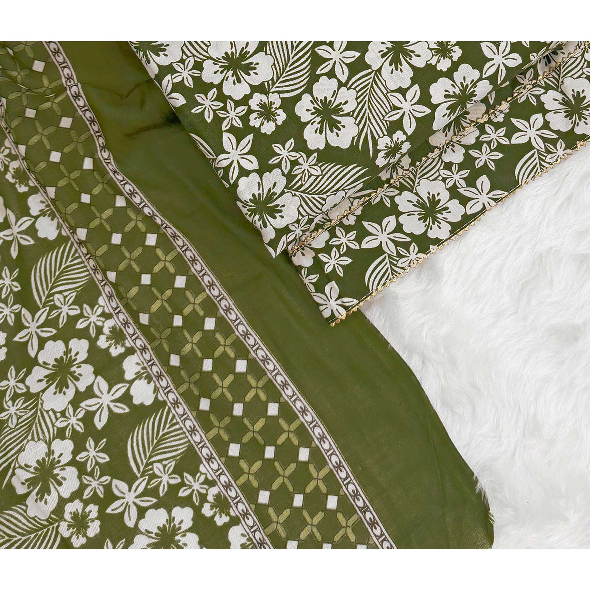 Graceful Green Floral Printed Cotton Blend Dress Material With Lace Border