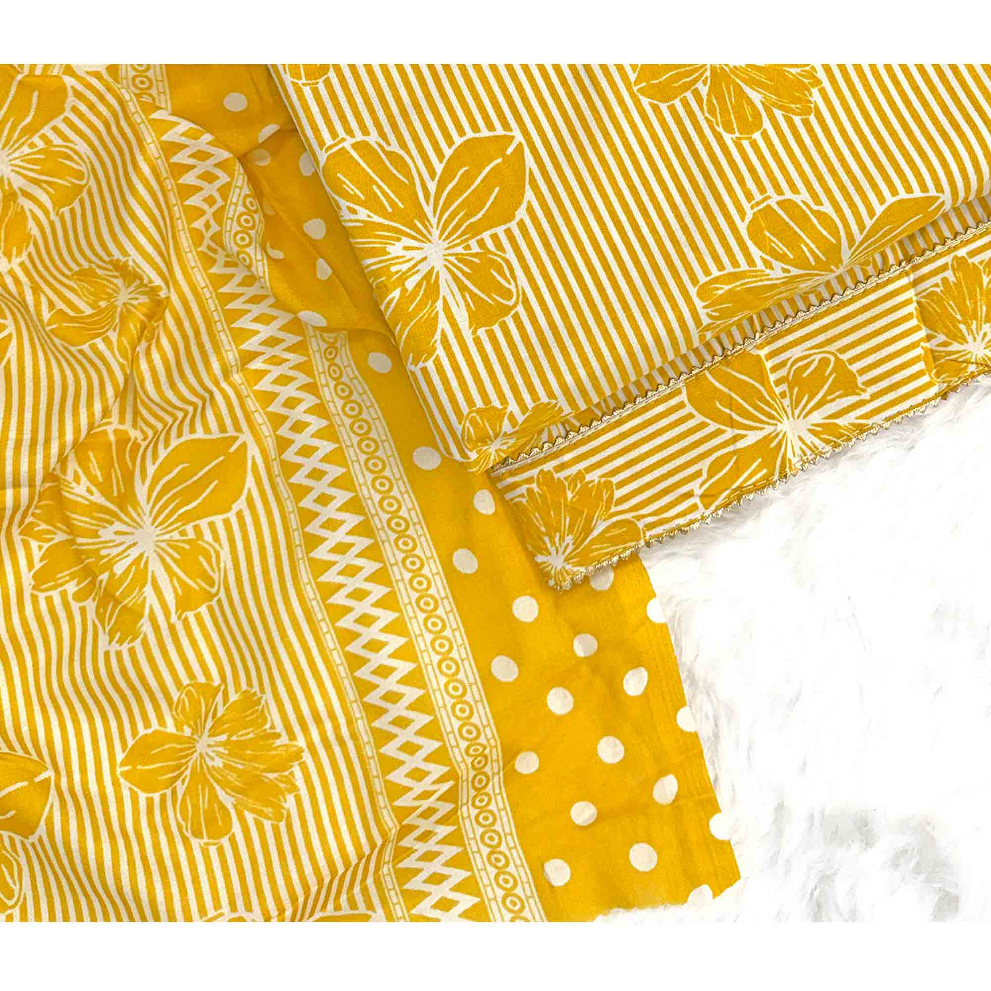 Mustard Floral & Striped Printed Cotton Blend Dress Material With Elegant Lace Border