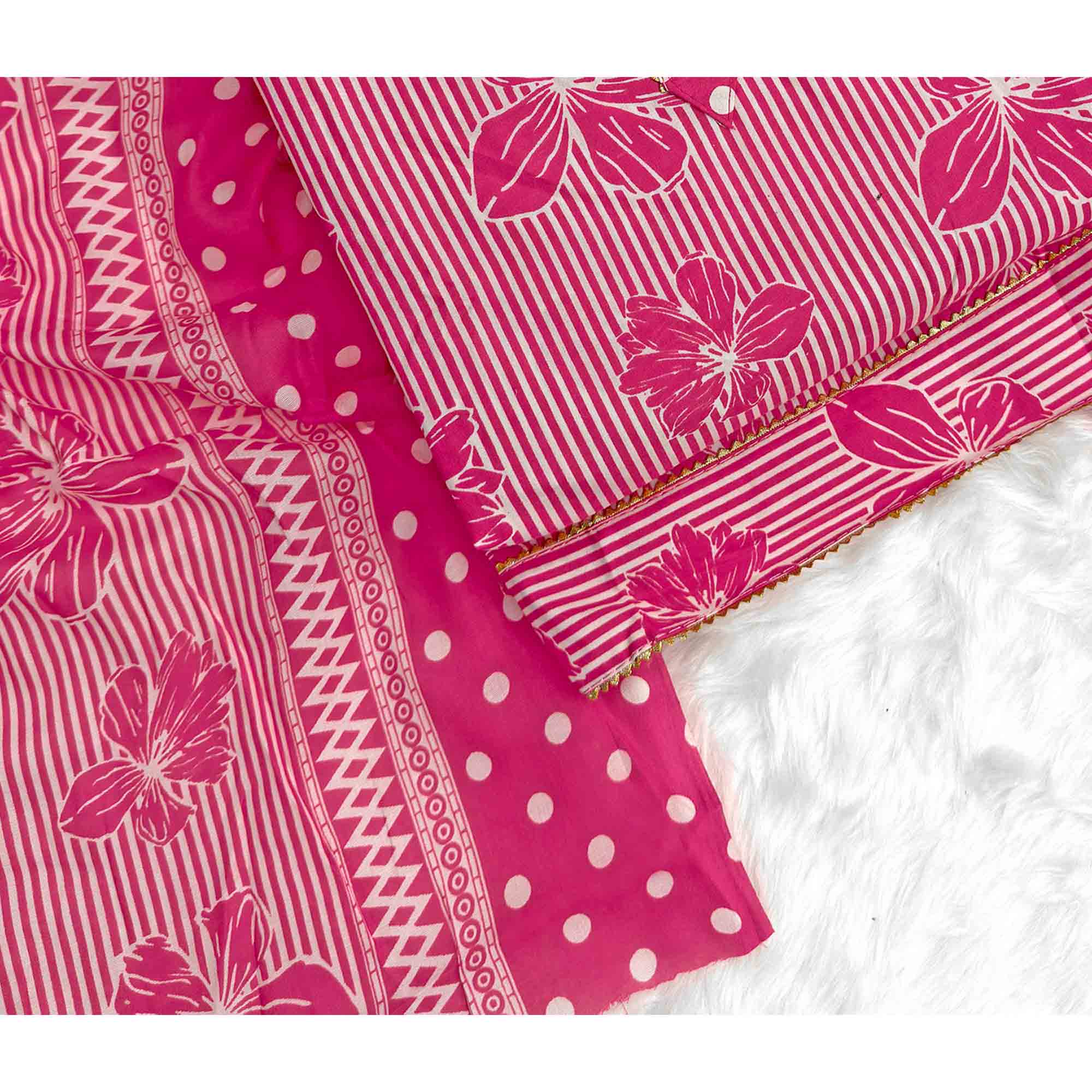 Rani Pink Floral & Striped Printed Cotton Blend Dress Material With Elegant Lace Border