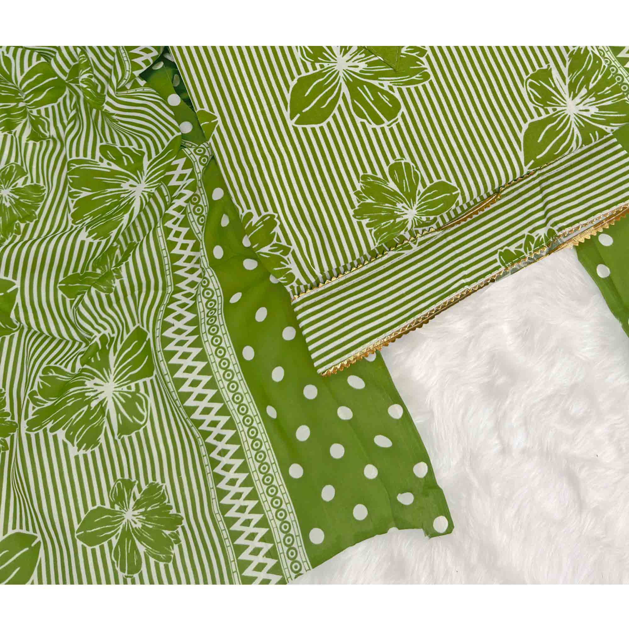 Green Floral & Striped Printed Cotton Blend Dress Material With Elegant Lace Border