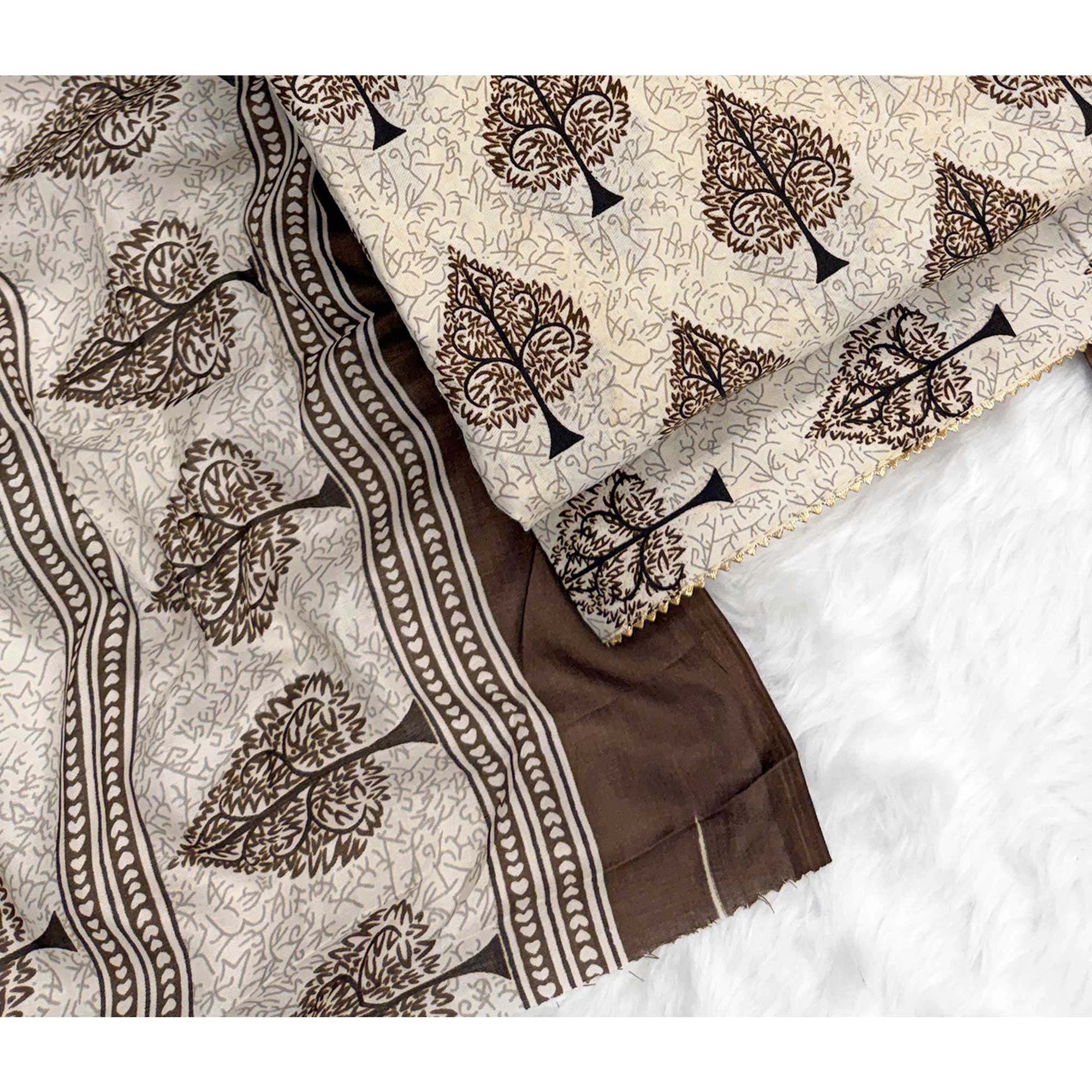 Vibrant Brown Leaf Printed Cotton Blend Dress Material Refined With Lace Border