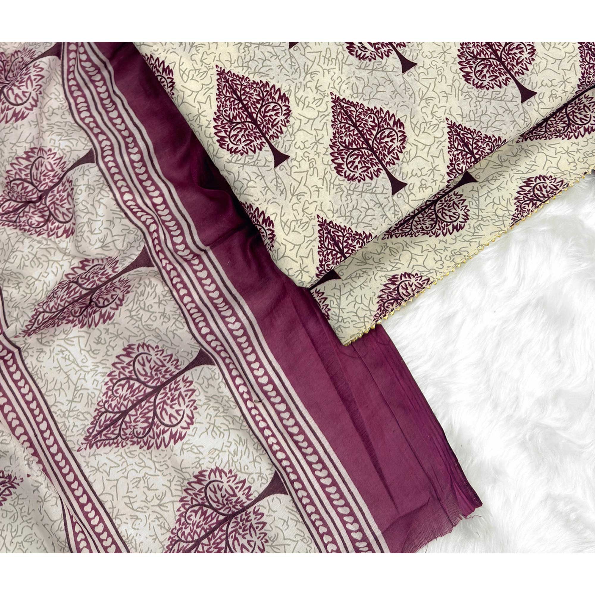 Vibrant Wine Leaf Printed Cotton Blend Dress Material Refined With Lace Border