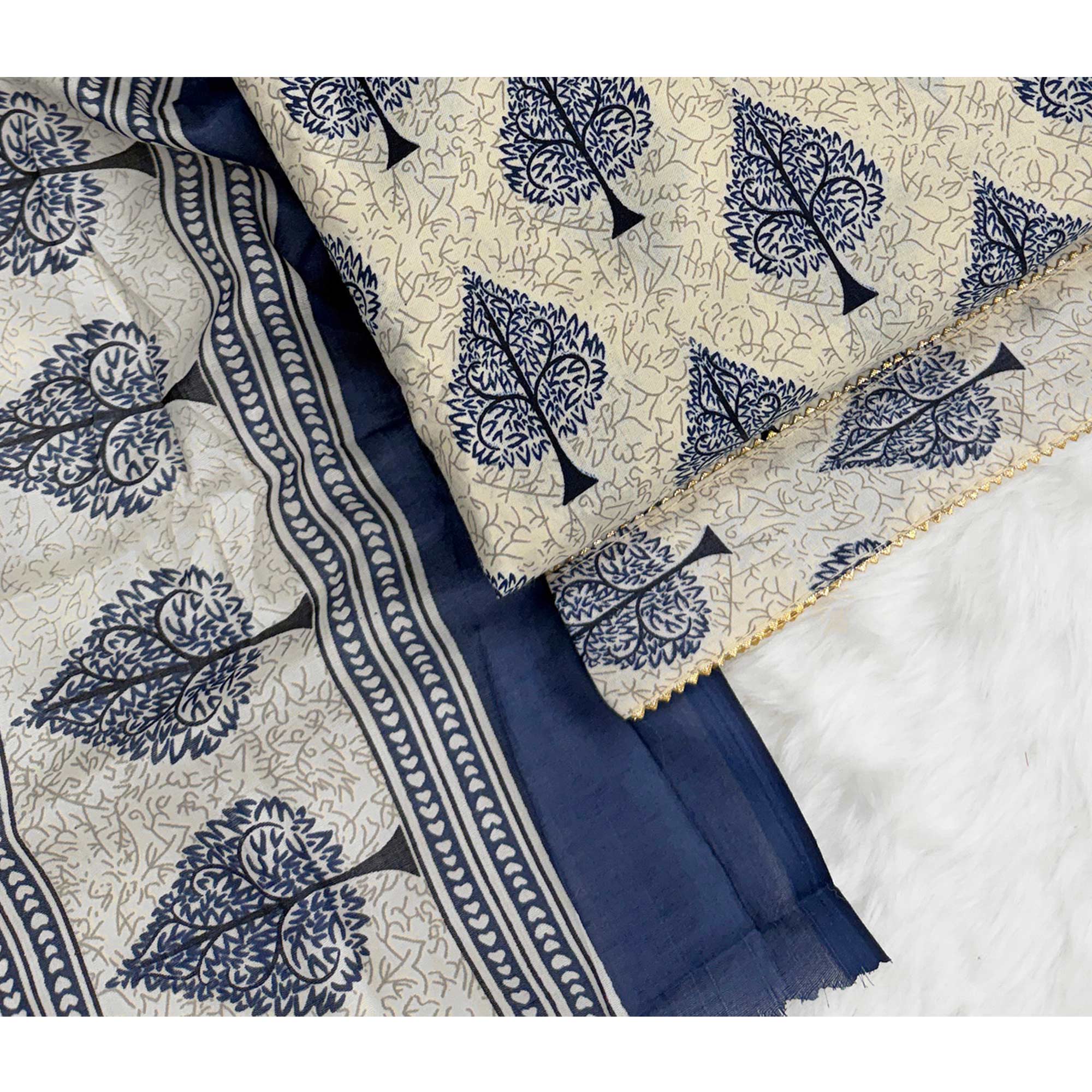 Vibrant Blue Leaf Printed Cotton Blend Dress Material Refined With Lace Border