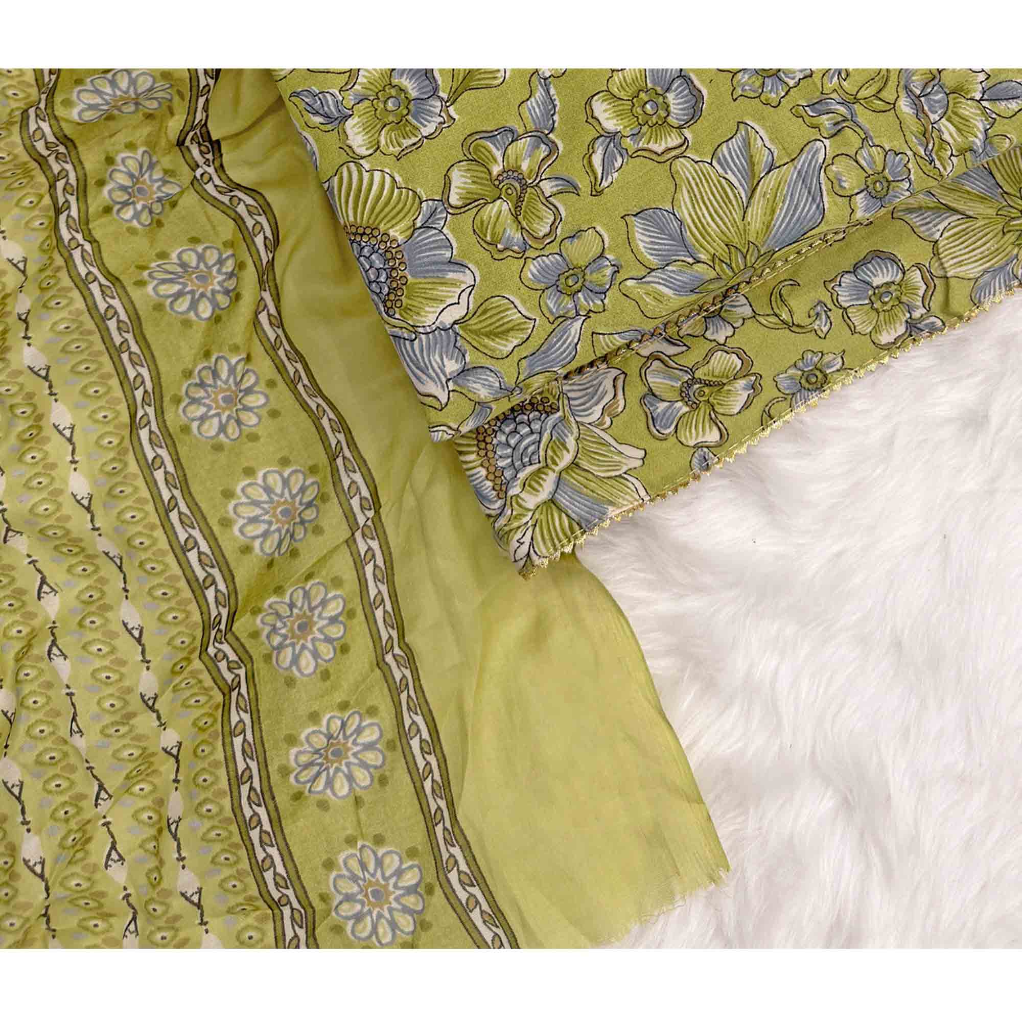 Elegant Olive Green Floral Printed Cotton Blend Dress Material Adorned With Intricate Lace Border