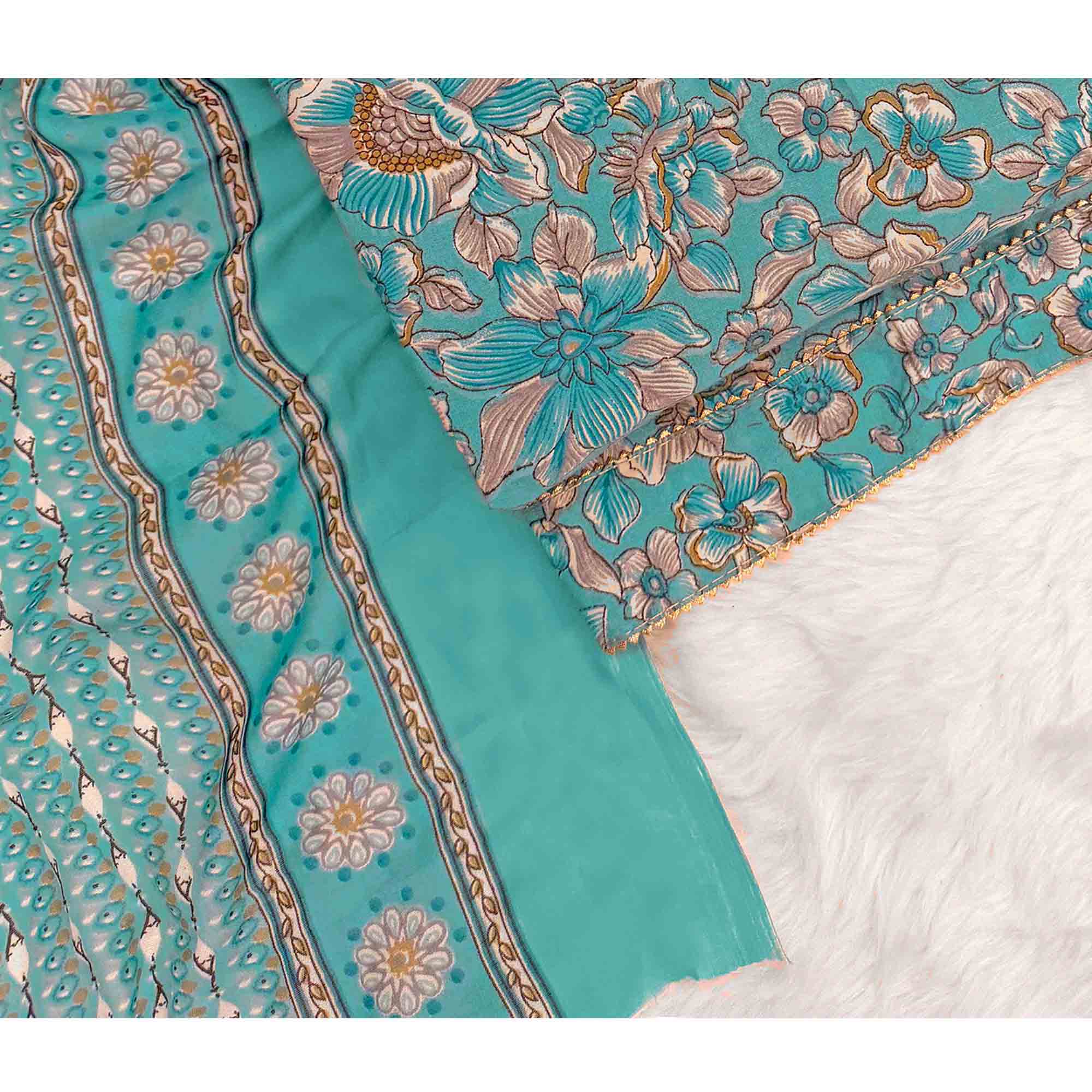 Elegant Turquoise Floral Printed Cotton Blend Dress Material Adorned With Intricate Lace Border