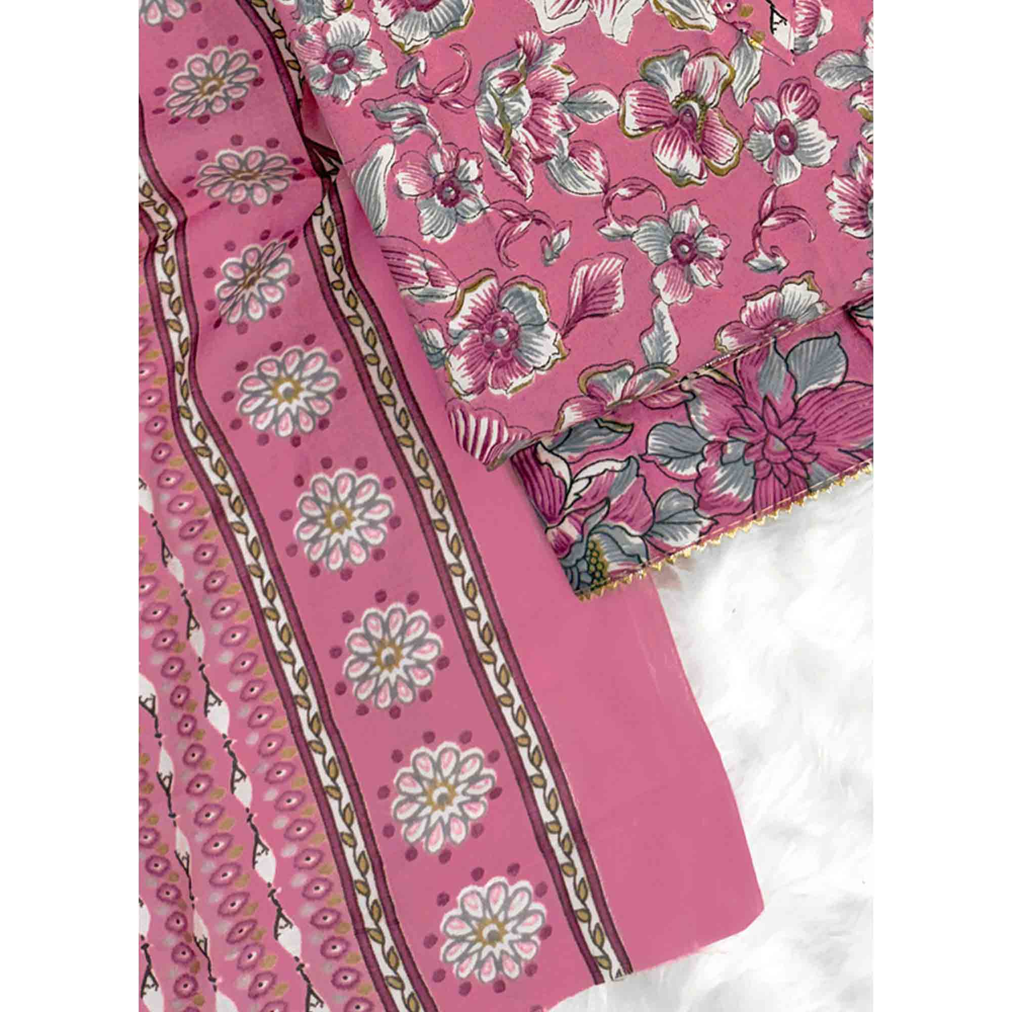 Elegant Pink Floral Printed Cotton Blend Dress Material Adorned With Intricate Lace Border