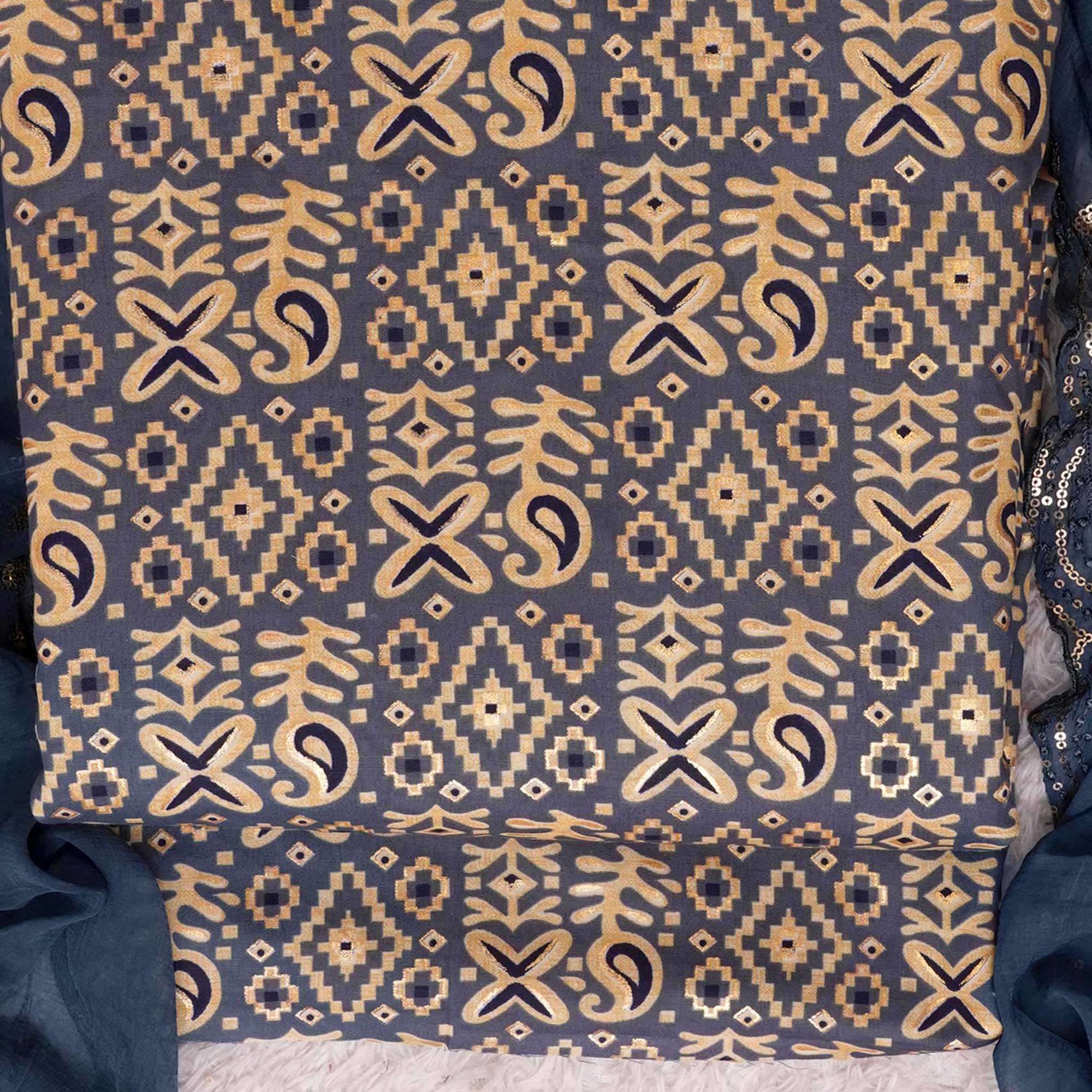 Blue Foil Printed Cotton Blend Dress Material