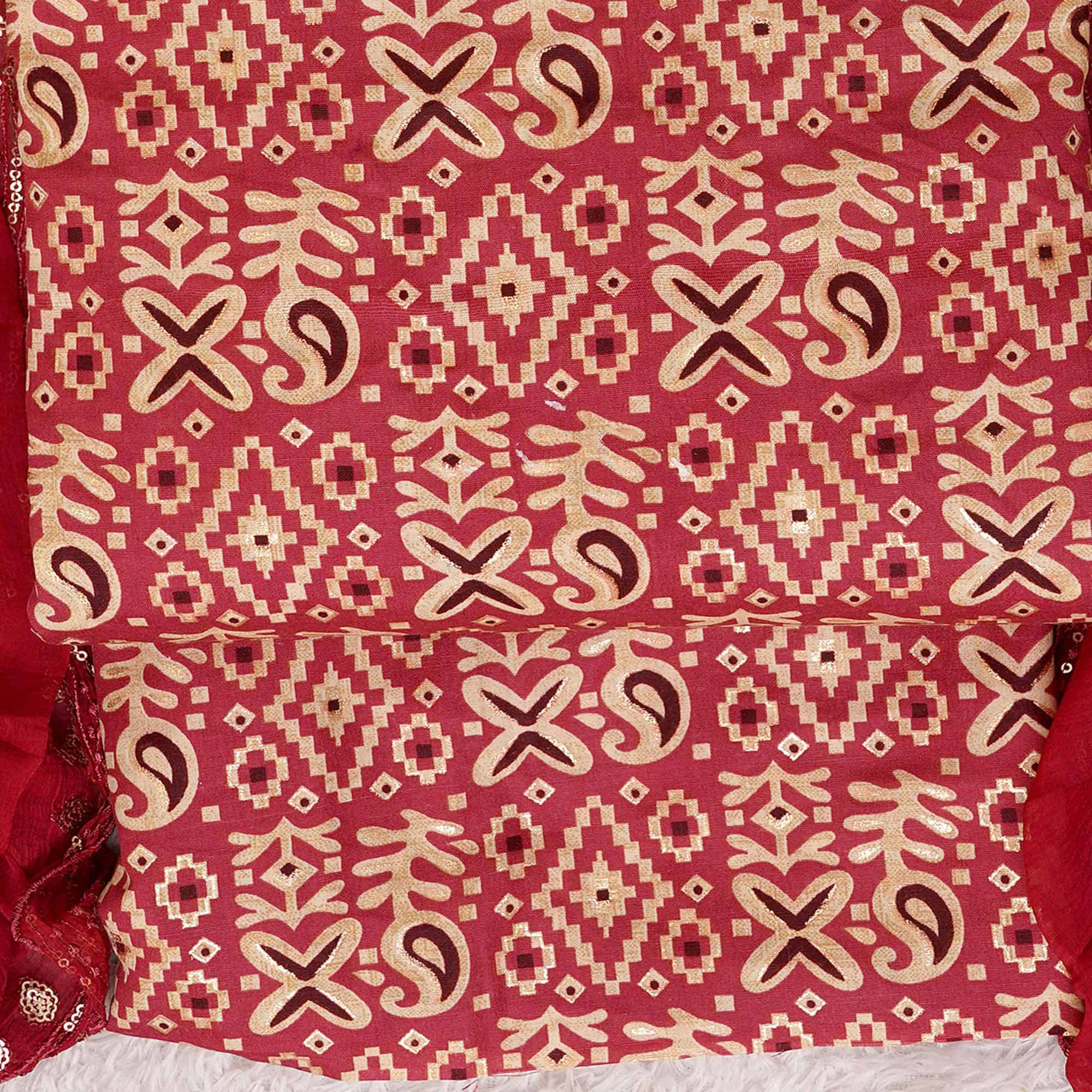 Maroon Foil Printed Cotton Blend Dress Material