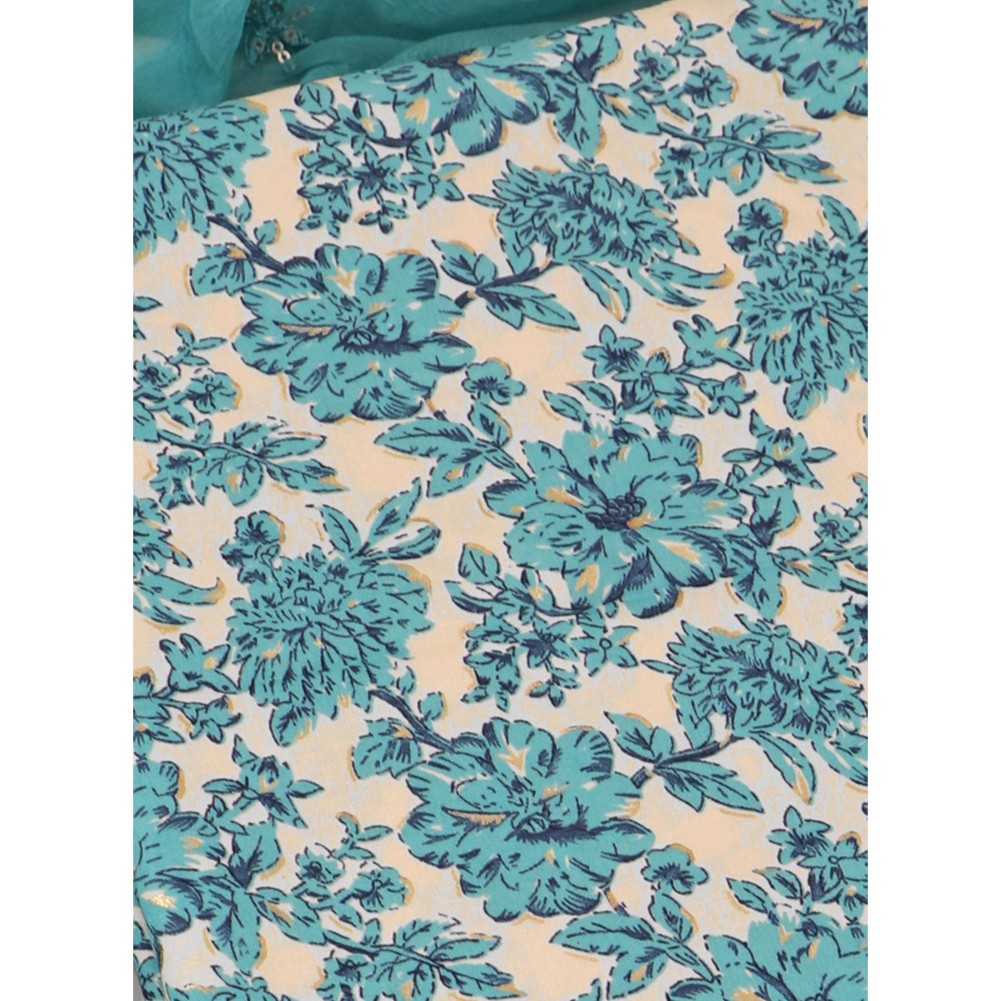 Blue Floral Foil Printed Cotton Blend Dress Material