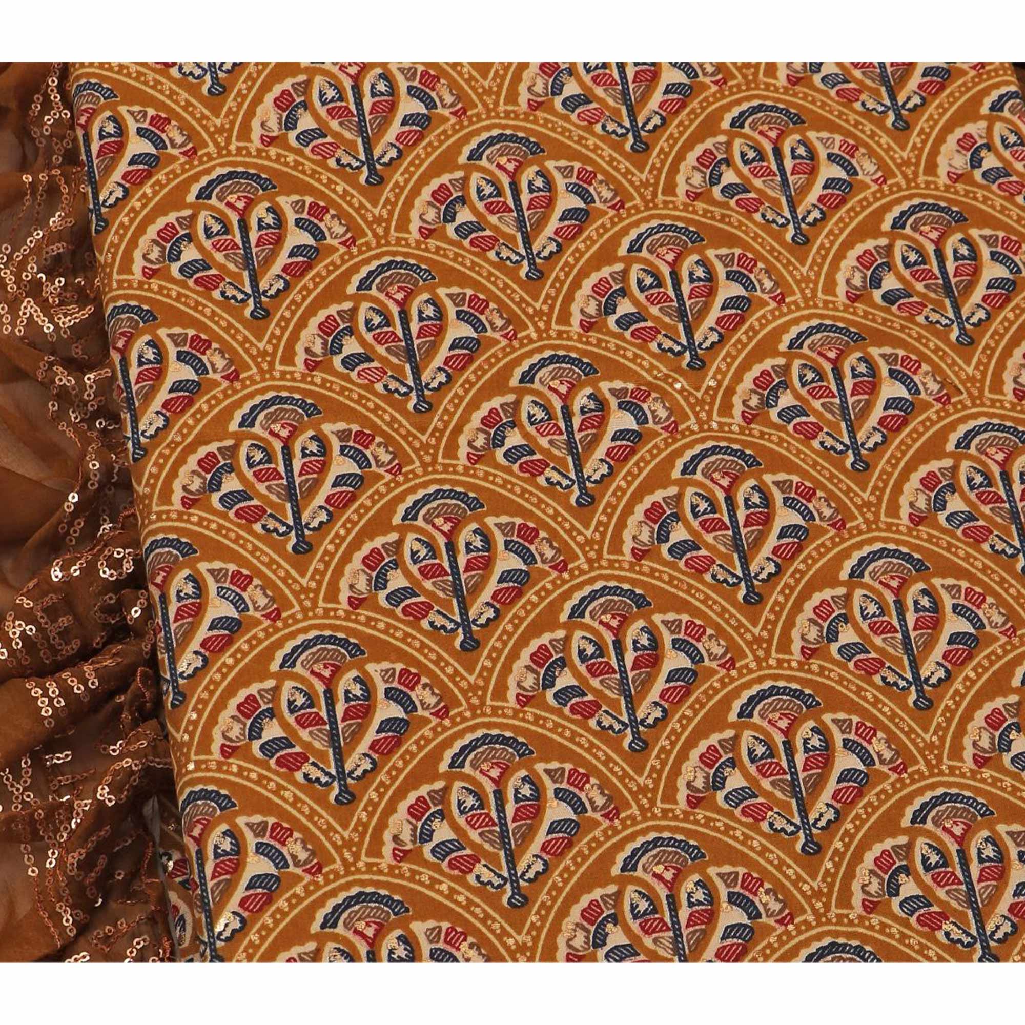Mustard Floral Foil Printed Cotton Blend Dress Material